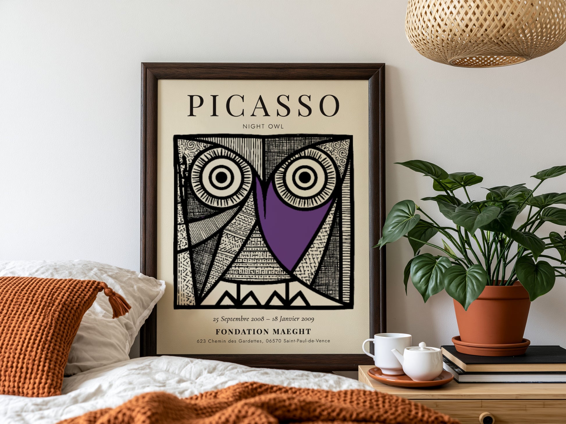 Night Owl poster featuring Picasso inspired design with bold lines and vibrant colors, perfect for wall decor.