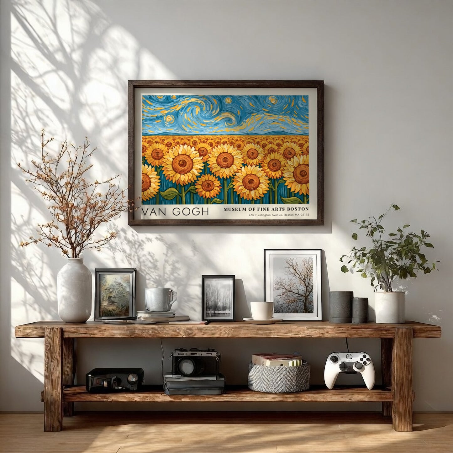 Van Gogh poster featuring vibrant sunflowers and swirling night sky in bold colors