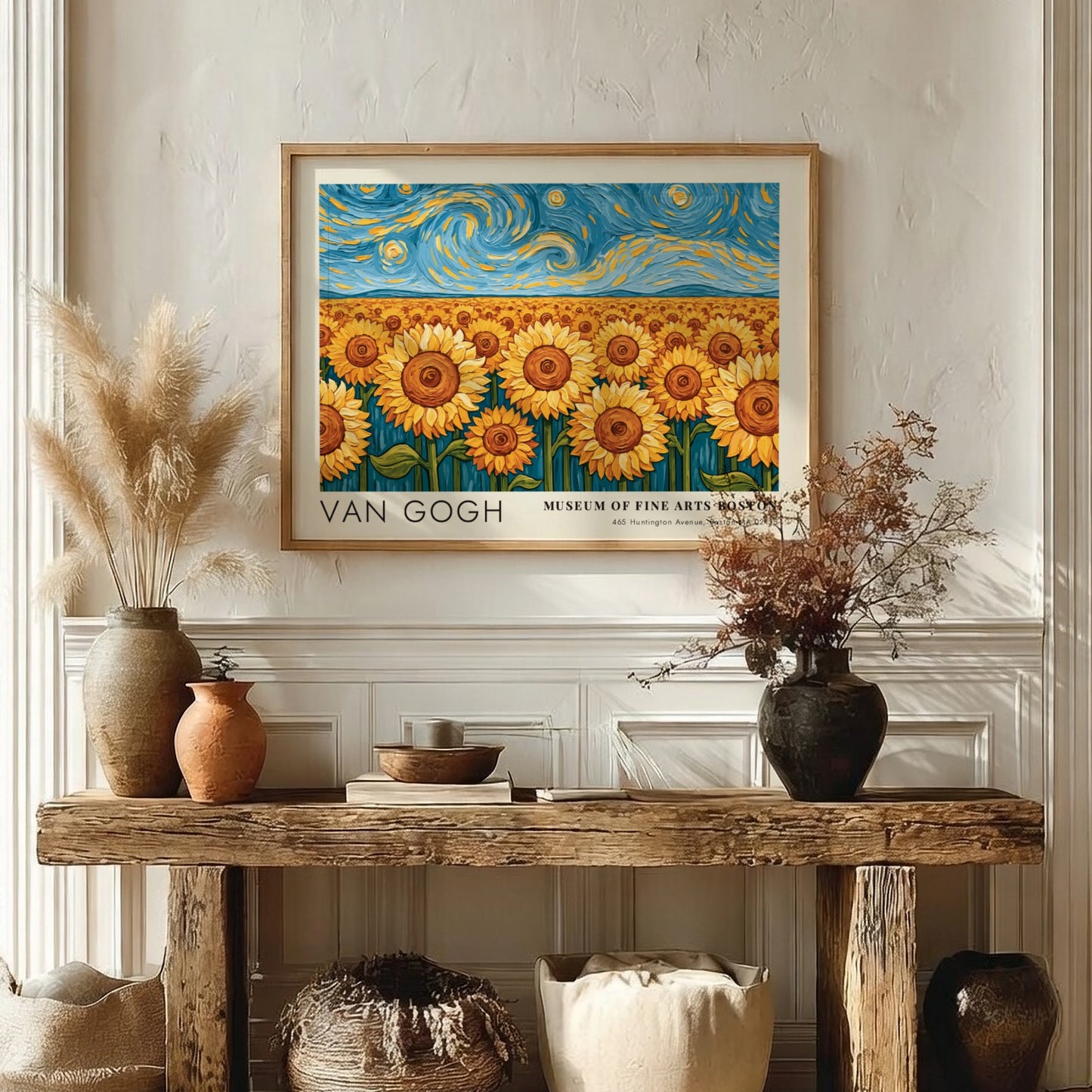 Van Gogh sunflower poster featuring vibrant colors and night sky landscape