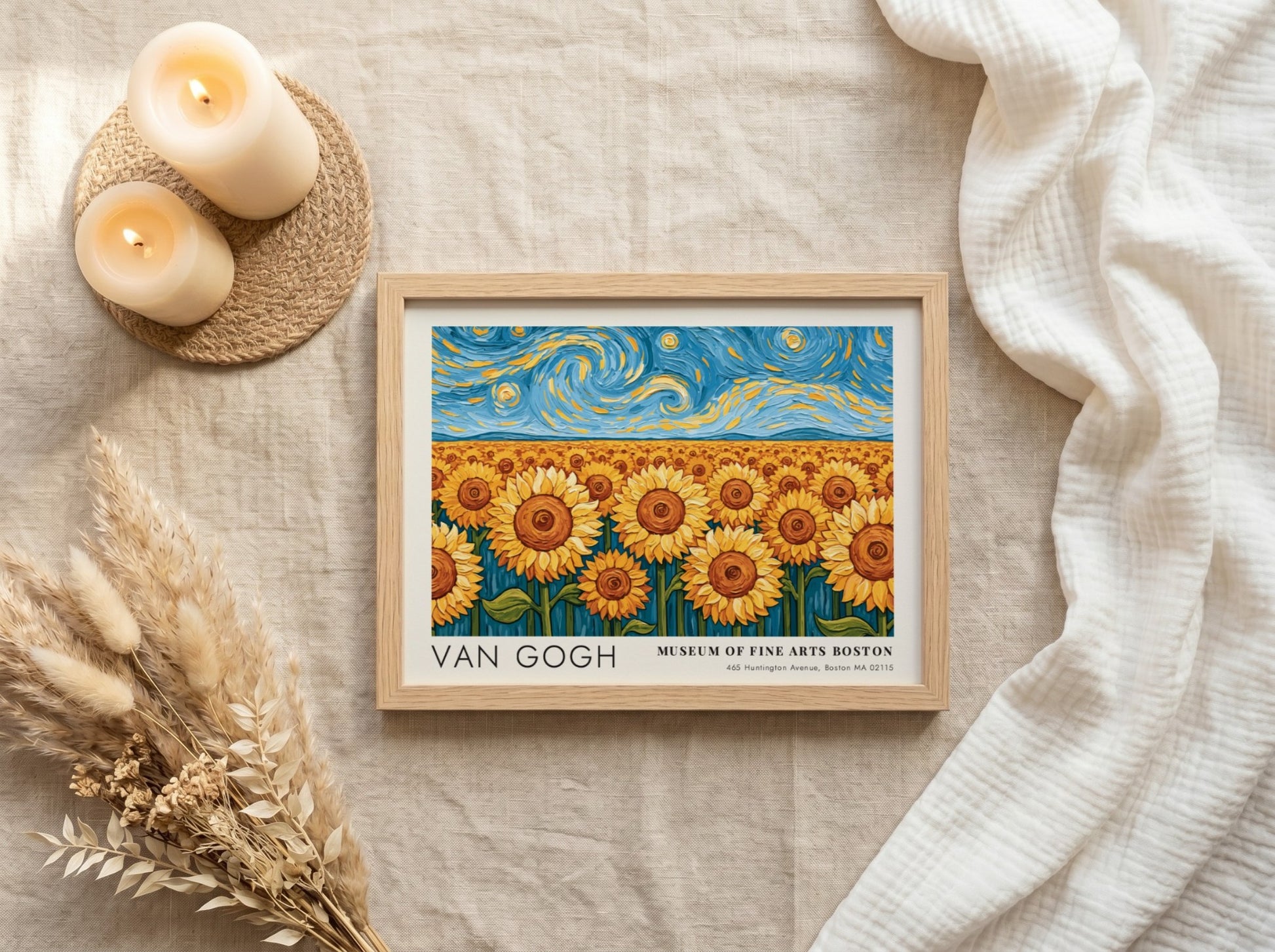 Van Gogh sunflower poster featuring vibrant colors and night sky landscape