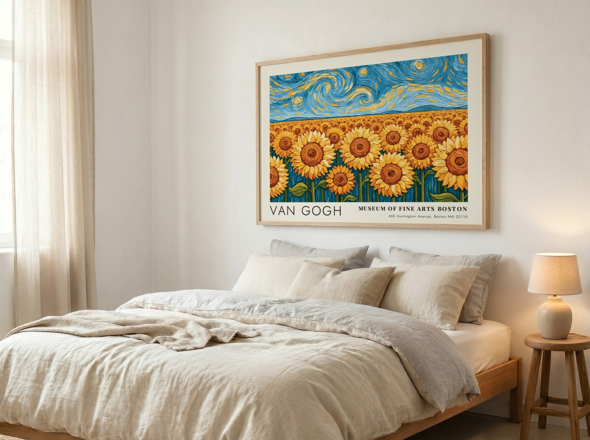 Van Gogh sunflower poster featuring vibrant colors and night sky landscape