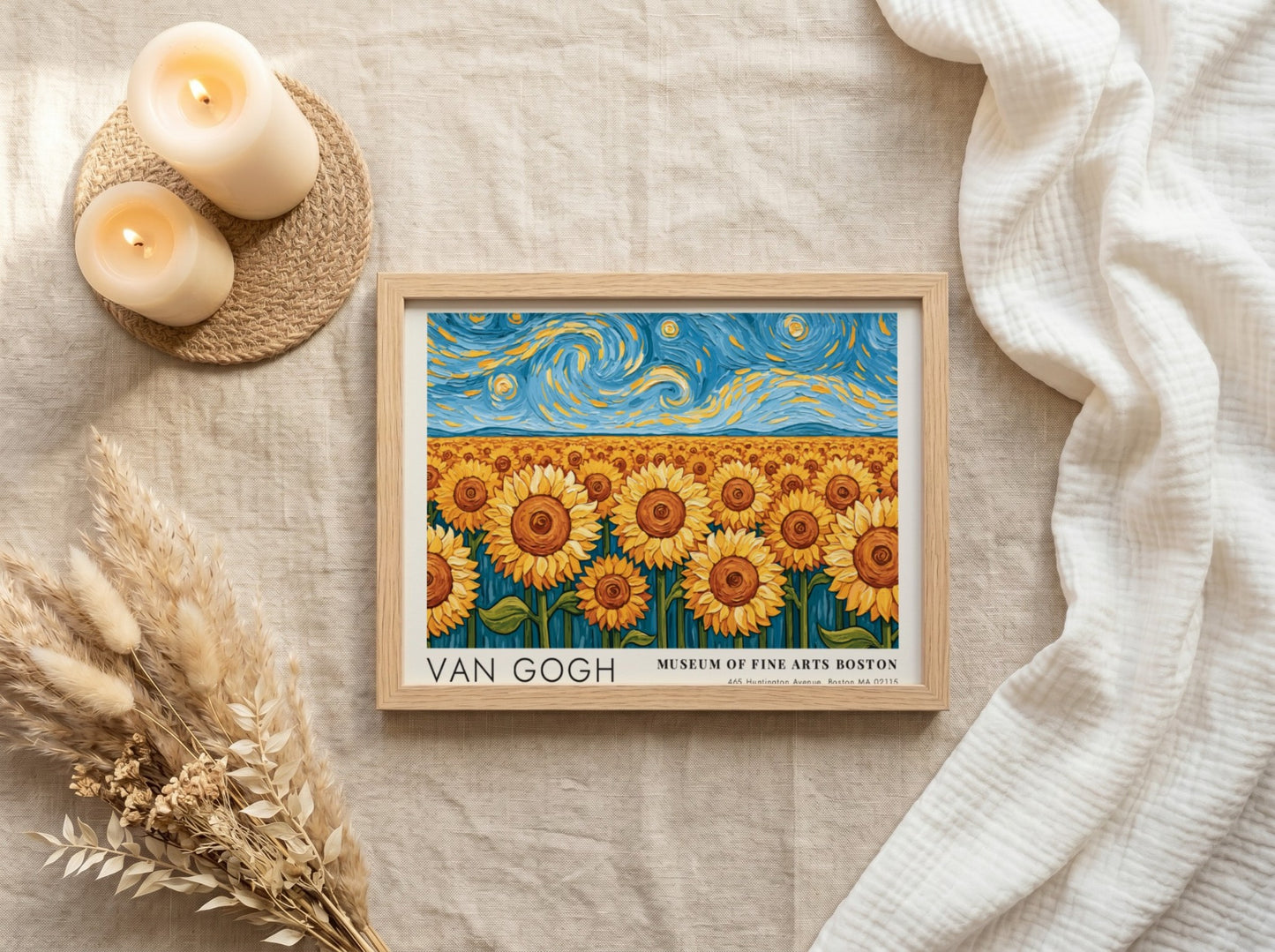 Van Gogh poster featuring vibrant sunflowers and swirling night sky in bold colors