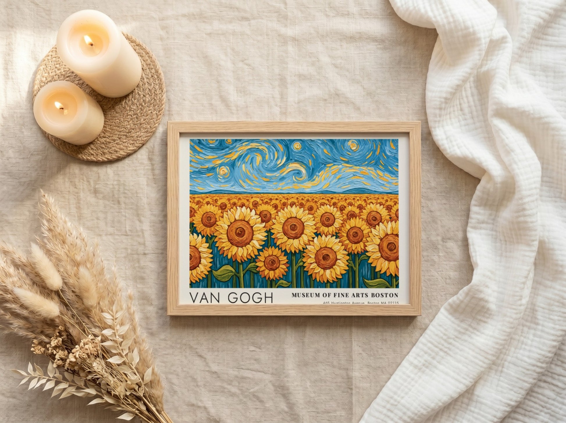 Van Gogh poster featuring vibrant sunflowers and swirling night sky in bold colors