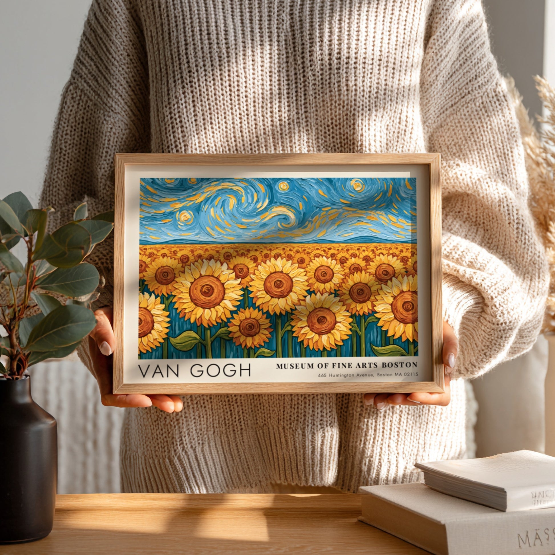 Van Gogh poster featuring vibrant sunflowers and swirling night sky in bold colors