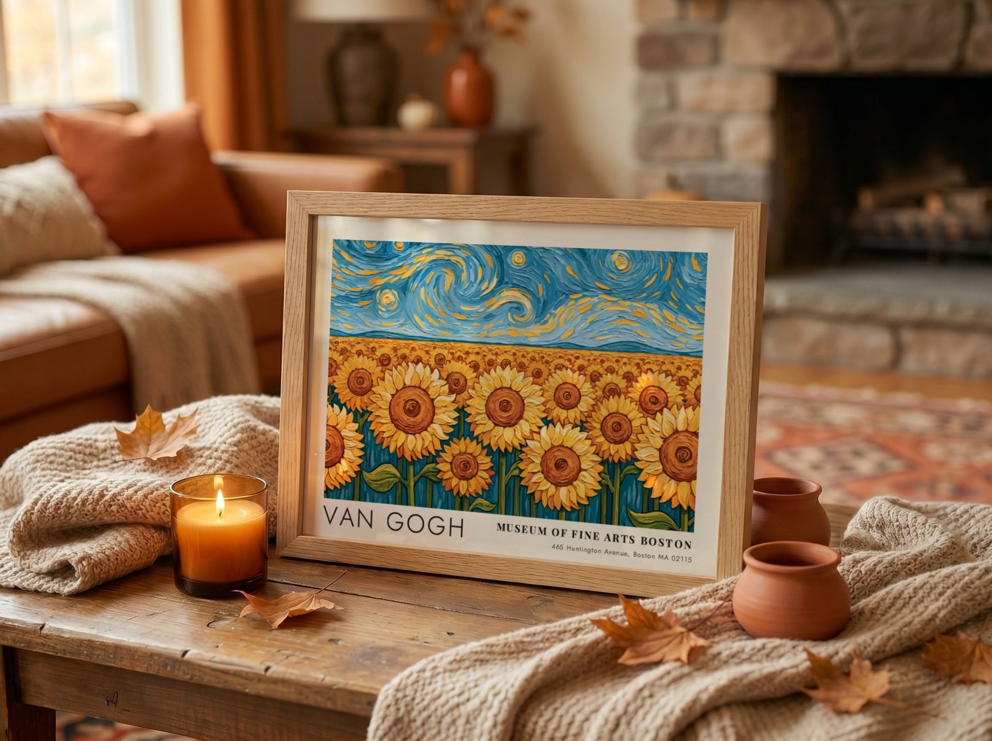Van Gogh sunflower poster featuring vibrant colors and night sky landscape