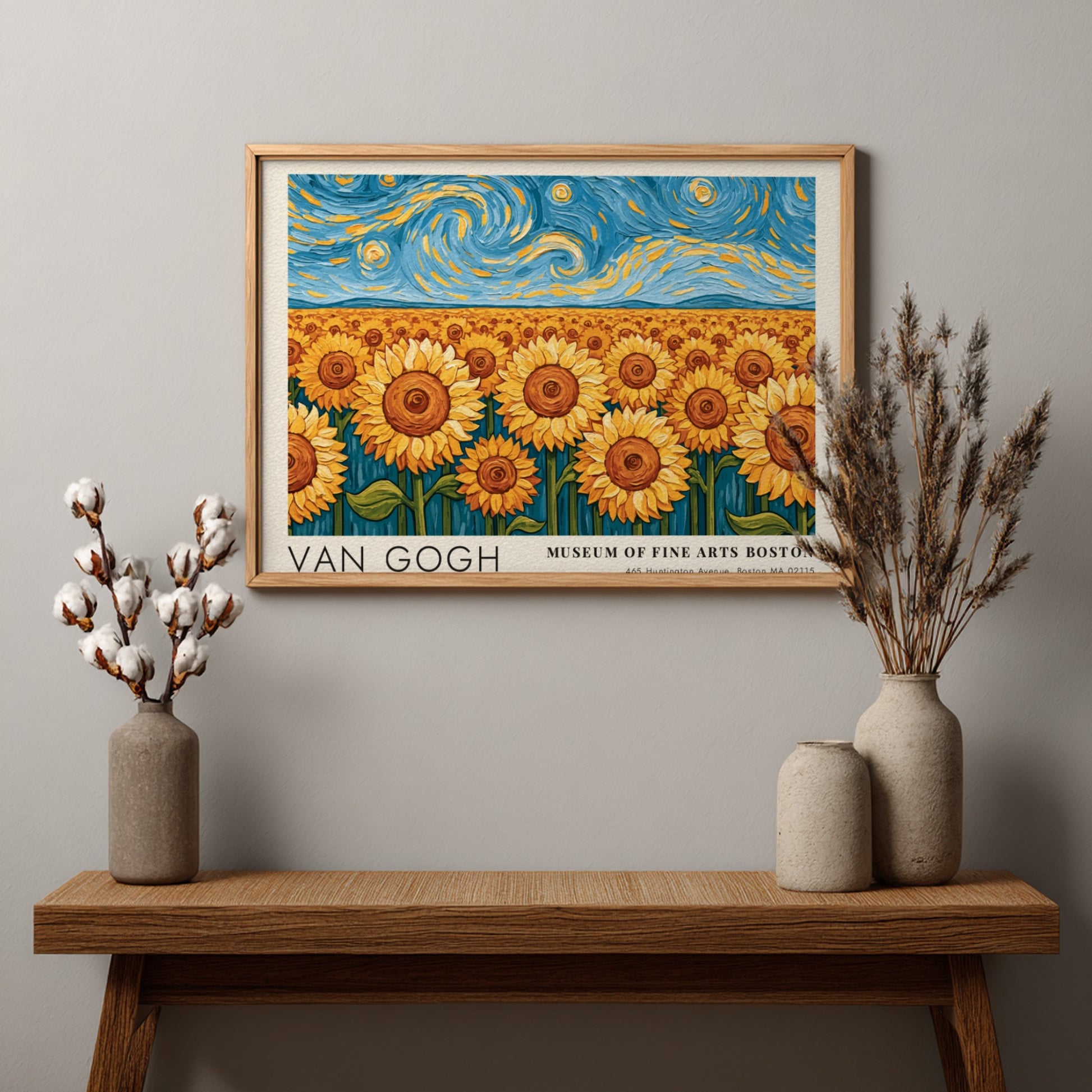 Van Gogh poster featuring vibrant sunflowers and swirling night sky in bold colors