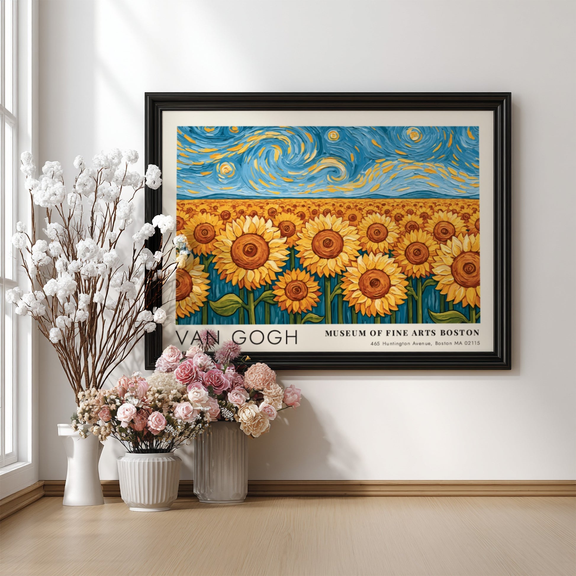 Van Gogh poster featuring vibrant sunflowers and swirling night sky in bold colors
