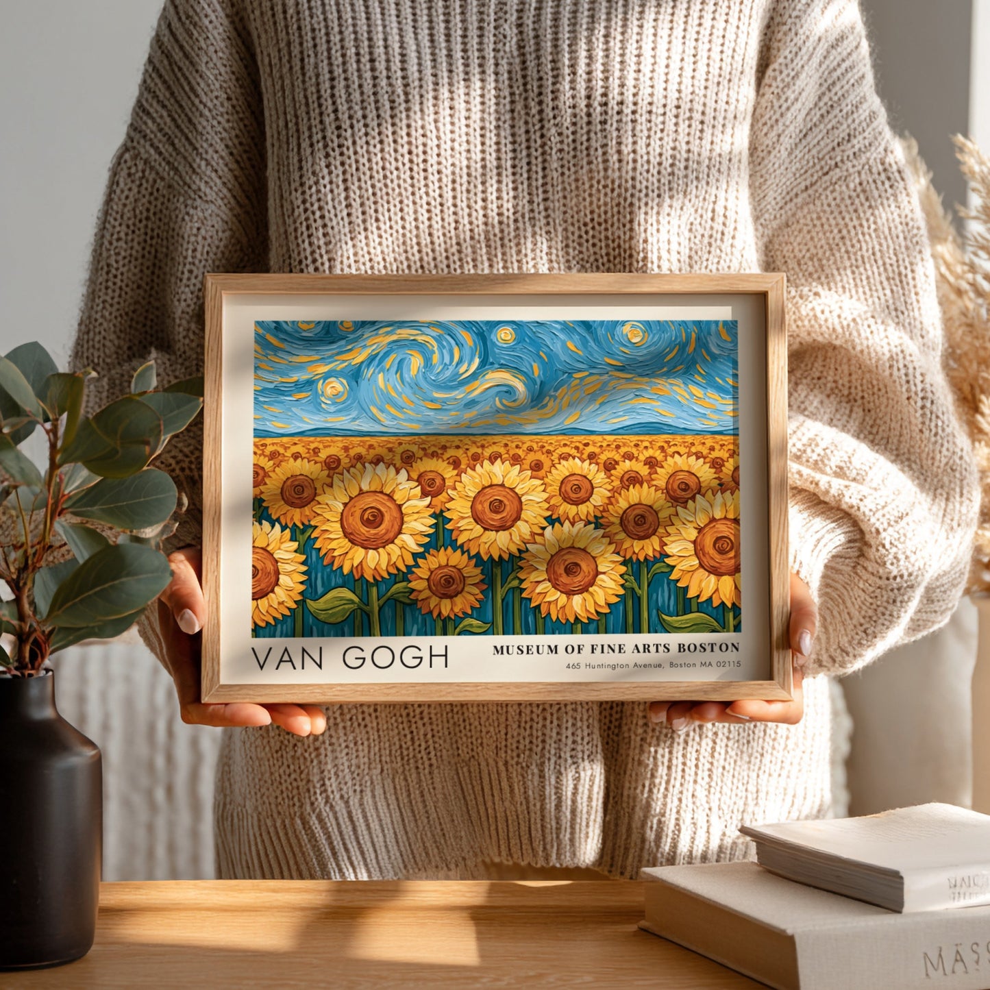 Van Gogh sunflower poster featuring vibrant colors and night sky landscape