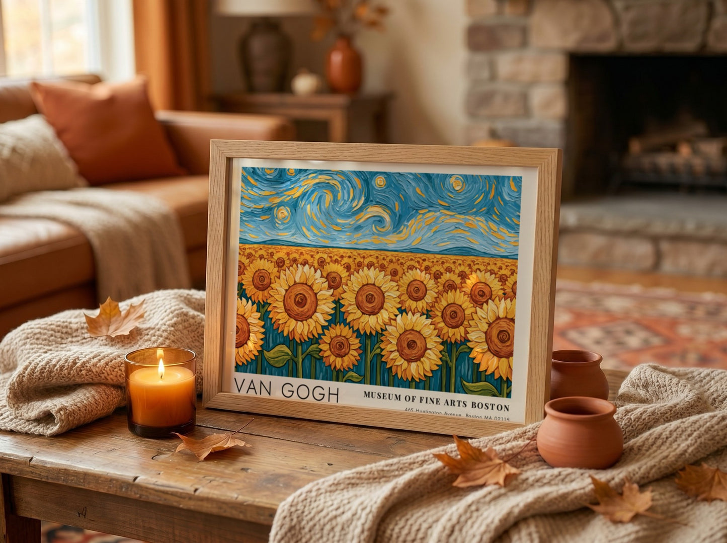 Van Gogh poster featuring vibrant sunflowers and swirling night sky in bold colors