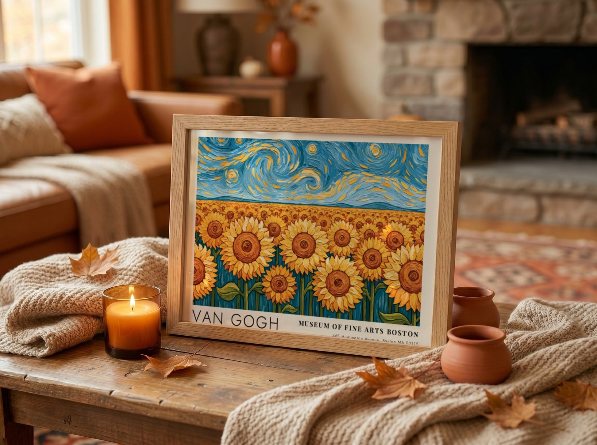Van Gogh poster featuring vibrant sunflowers and swirling night sky in bold colors