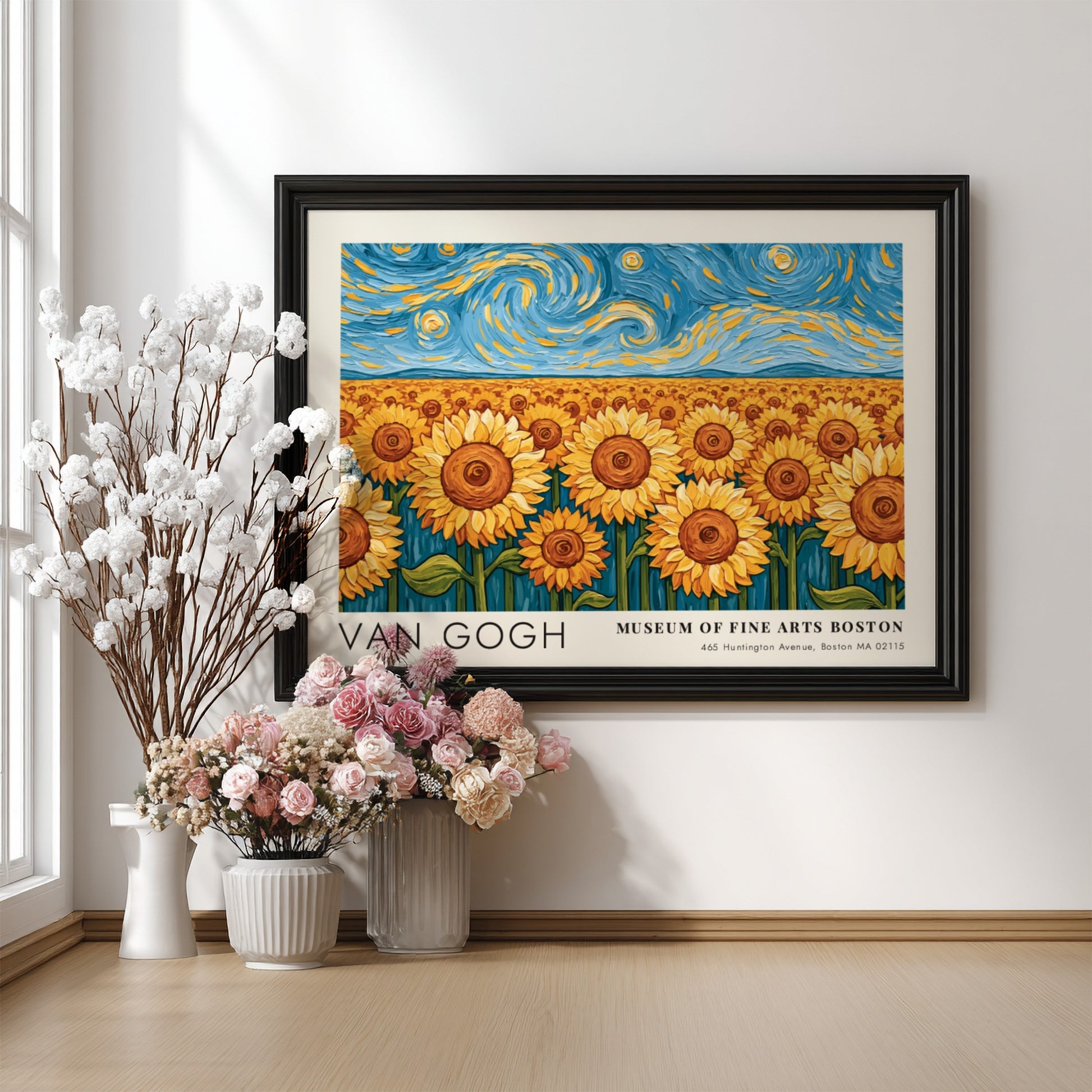 Van Gogh sunflower poster featuring vibrant colors and night sky landscape