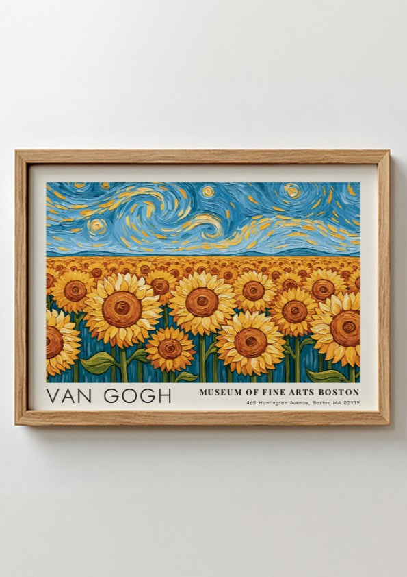 Van Gogh sunflower poster featuring vibrant colors and night sky landscape