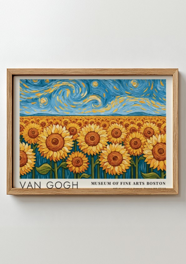 Van Gogh poster featuring vibrant sunflowers and swirling night sky in bold colors