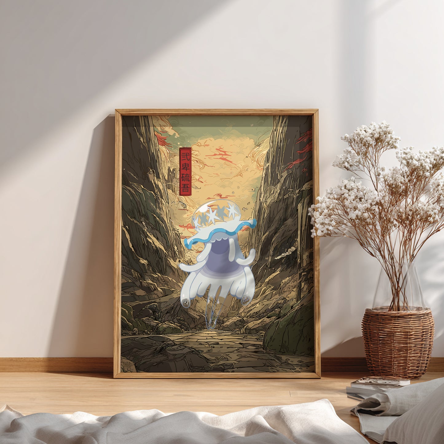 Framed artwork of a fantasy scene with Nihilego Pokemon in a cave on a wall in a room.
