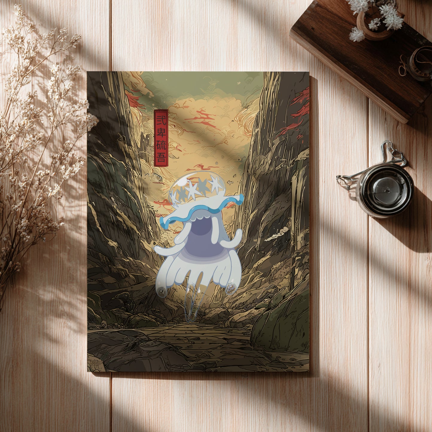 Illustrated poster cover with Nihilego Pokemon in a fantasy setting on a wooden surface.