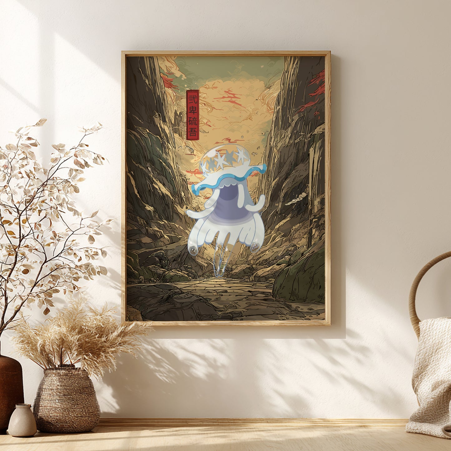 Framed artwork of a mystical scene with Nihilego Pokemon in a cave on a wall in a room.