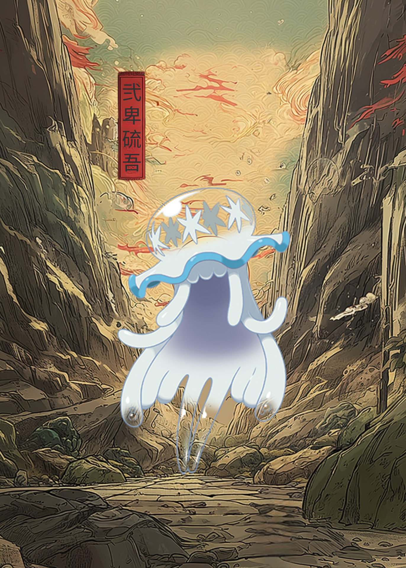 Nihilego Pokemon in a rocky, fantasy landscape