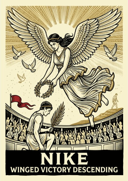 Winged Victory Descending poster featuring Nike, Greek goddess of victory, descending with a laurel wreath.