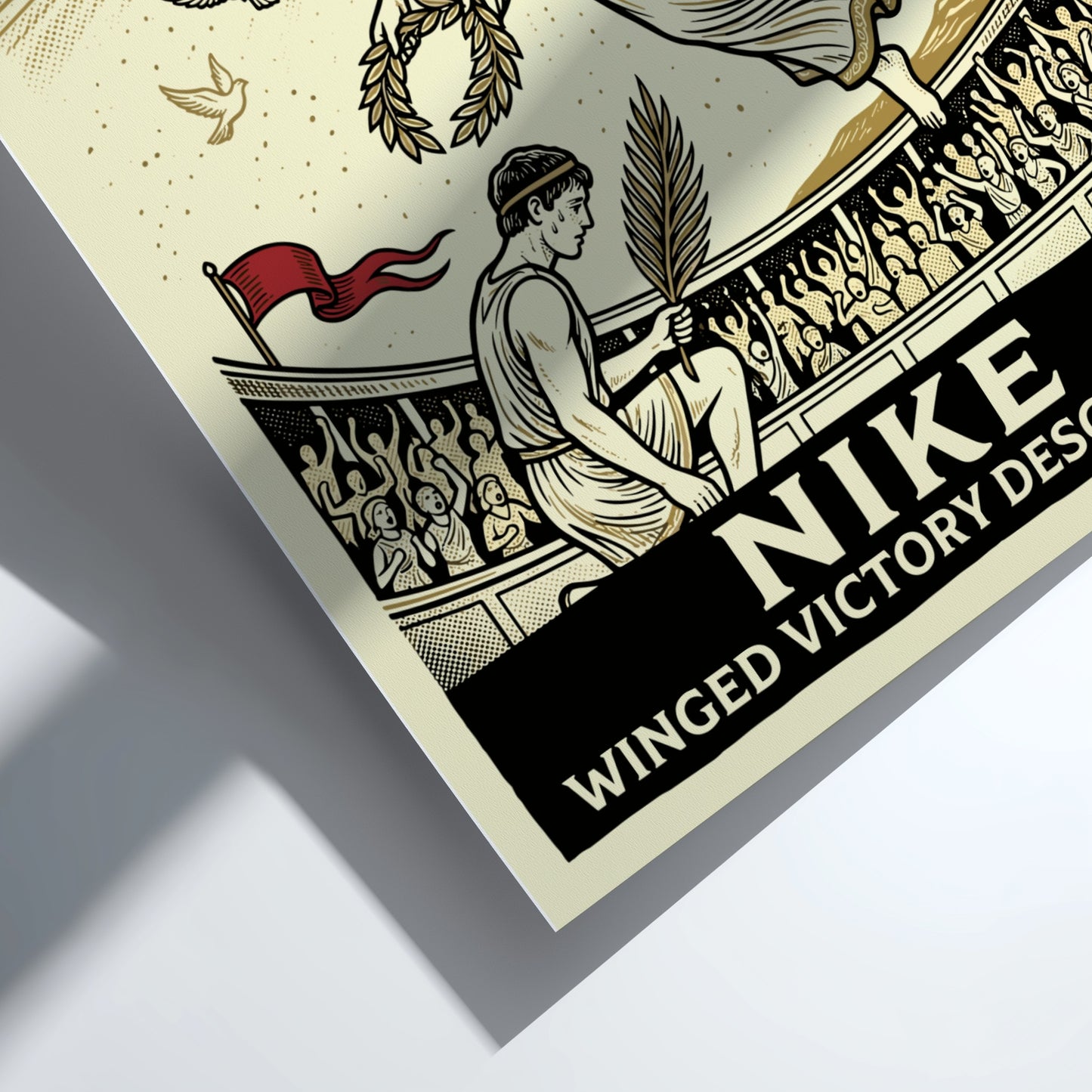 Winged Victory Descending poster featuring Nike, Greek goddess of victory, descending with a laurel wreath.