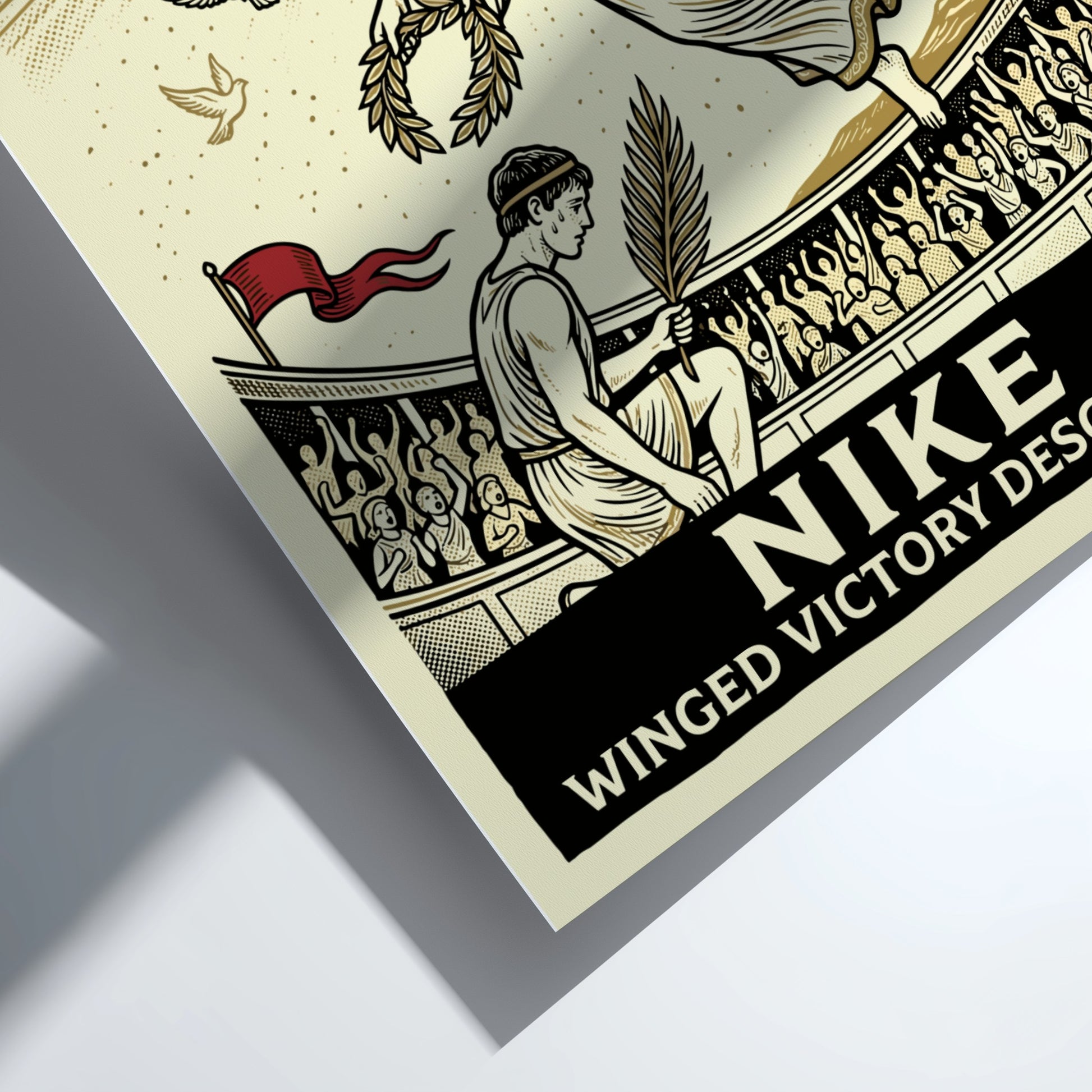 Winged Victory Descending poster featuring Nike, Greek goddess of victory, descending with a laurel wreath.