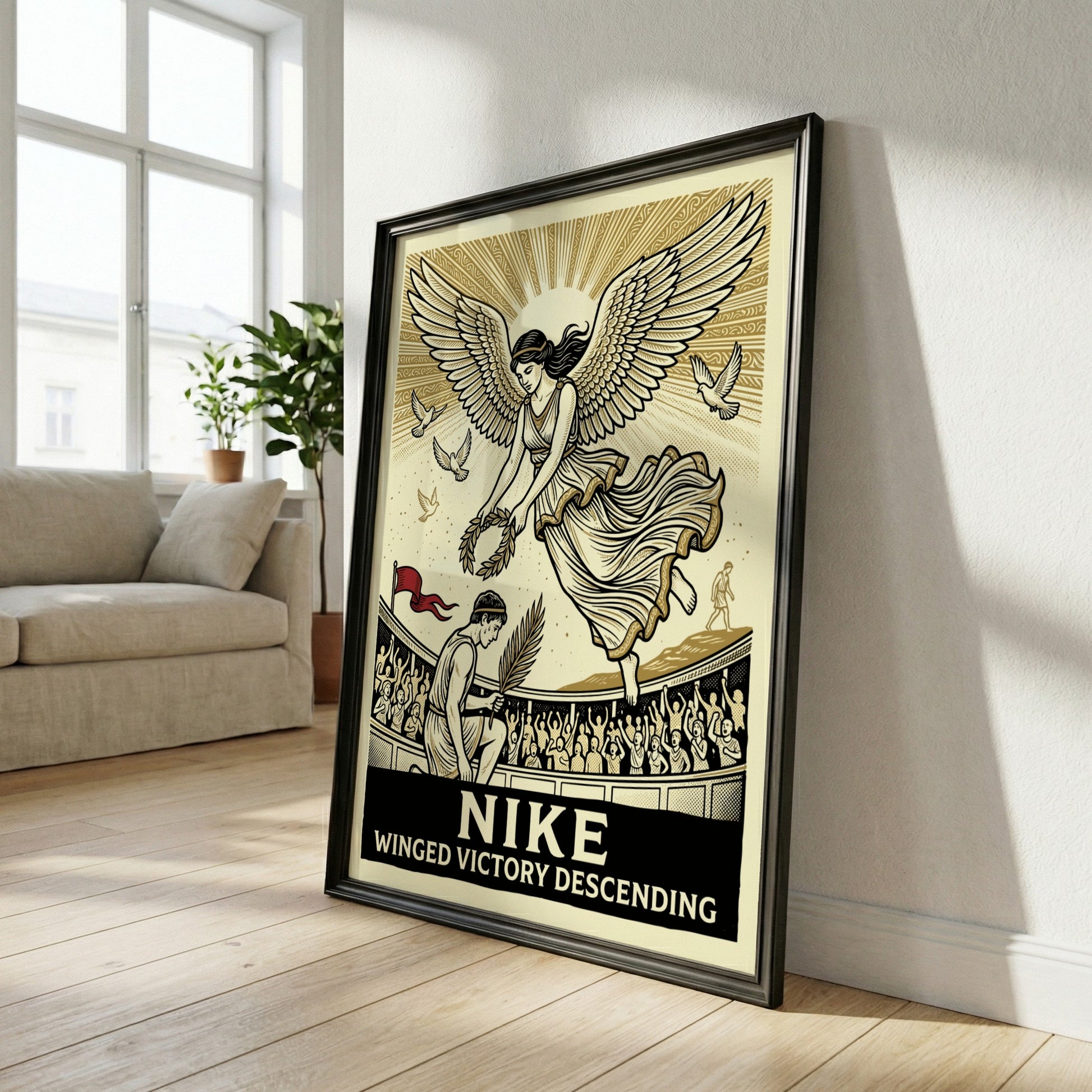 Winged Victory Descending poster featuring Nike, Greek goddess of victory, descending with a laurel wreath.