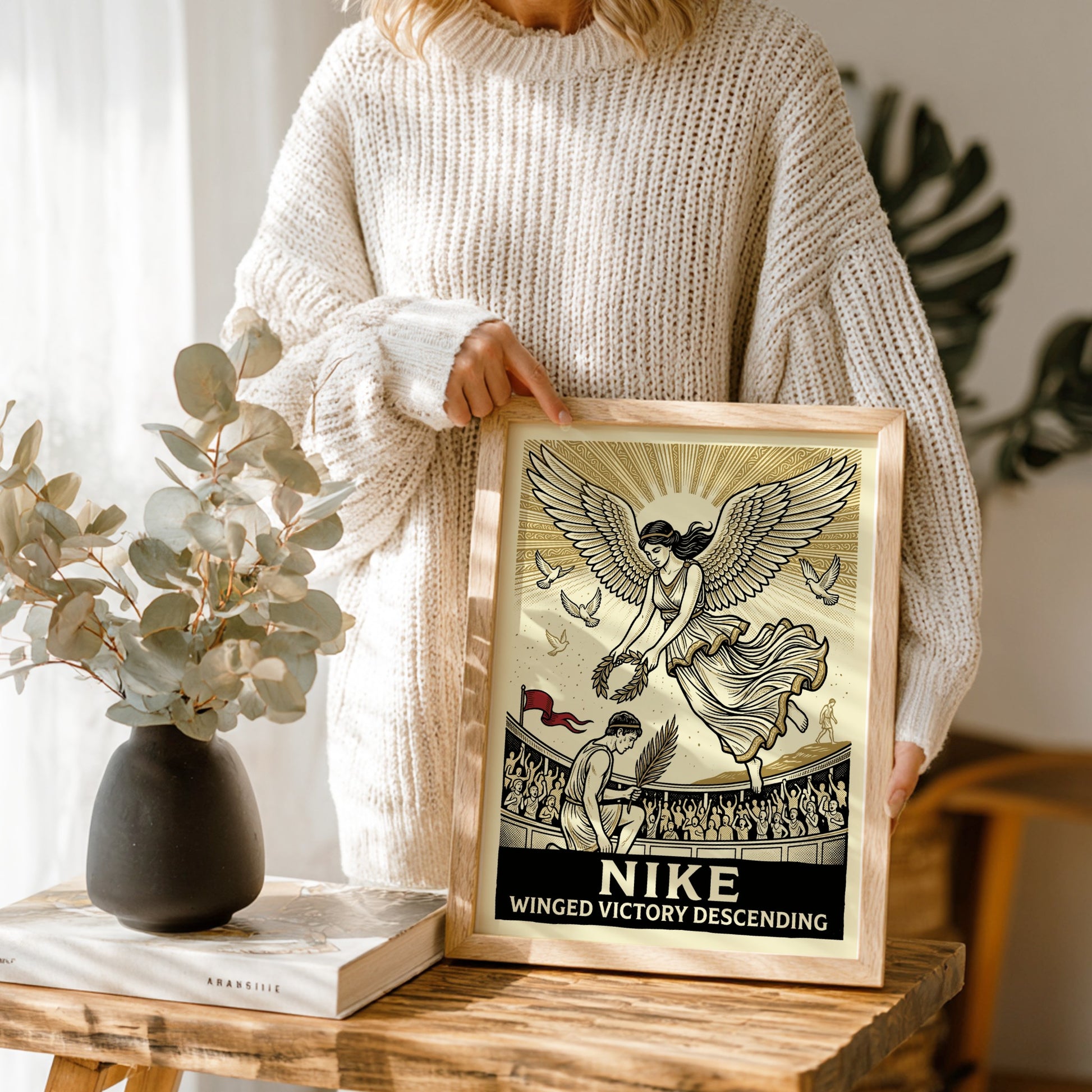 Winged Victory Descending poster featuring Nike, Greek goddess of victory, descending with a laurel wreath.