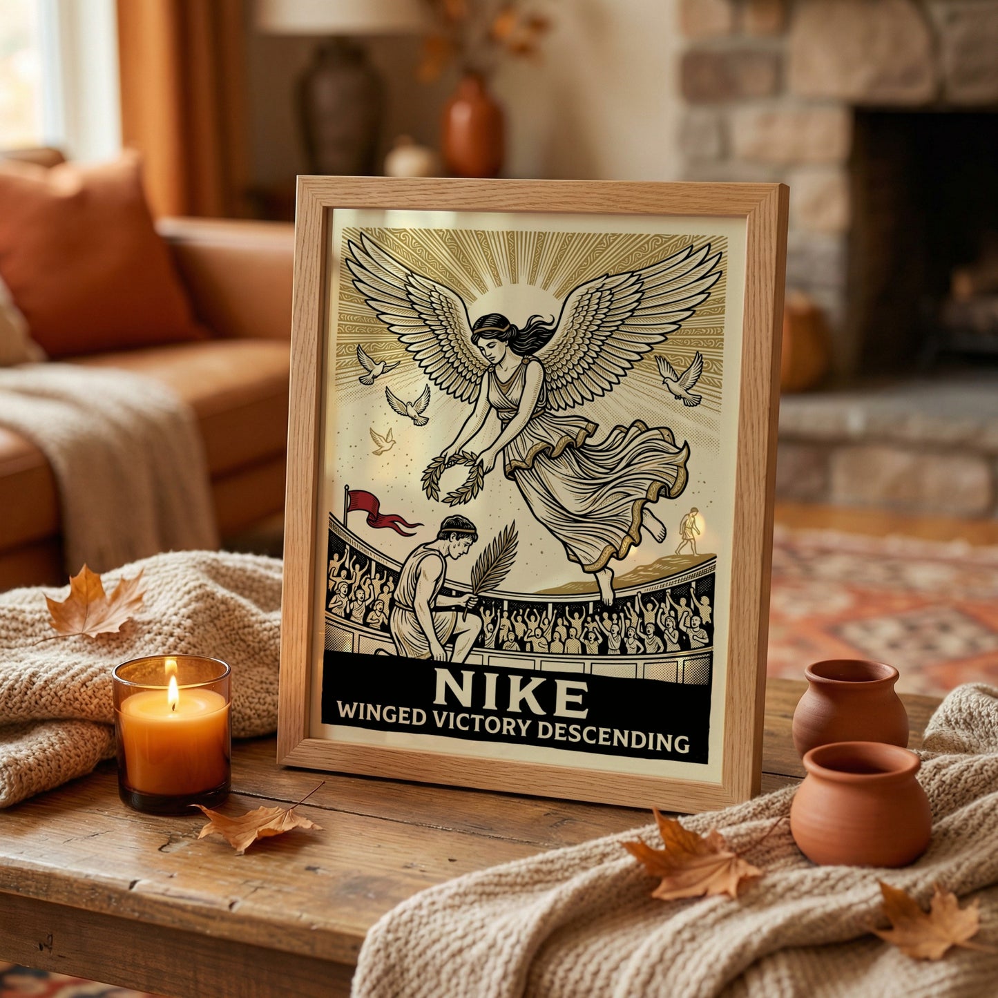 Winged Victory Descending poster featuring Nike, Greek goddess of victory, descending with a laurel wreath.