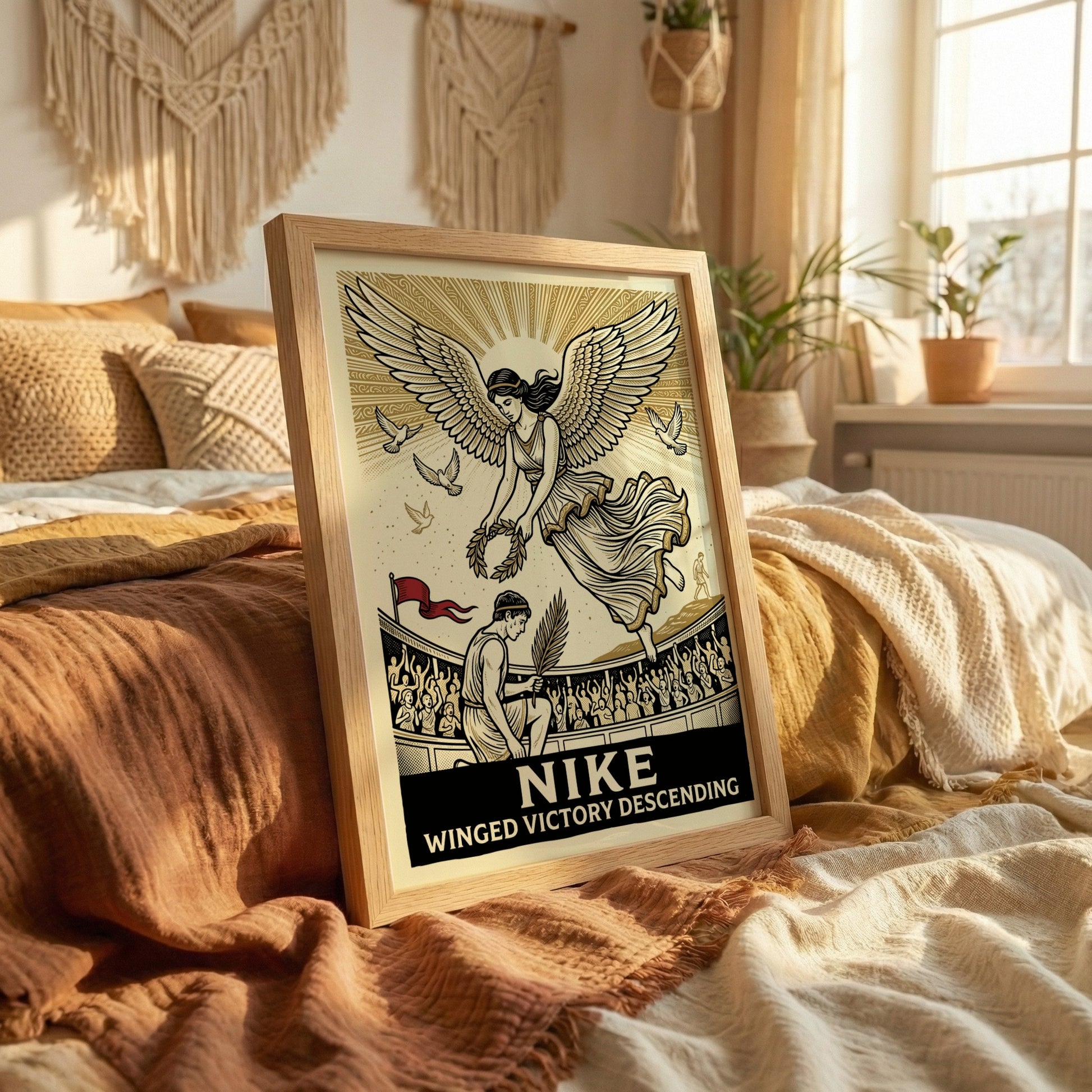Winged Victory Descending poster featuring Nike, Greek goddess of victory, descending with a laurel wreath.