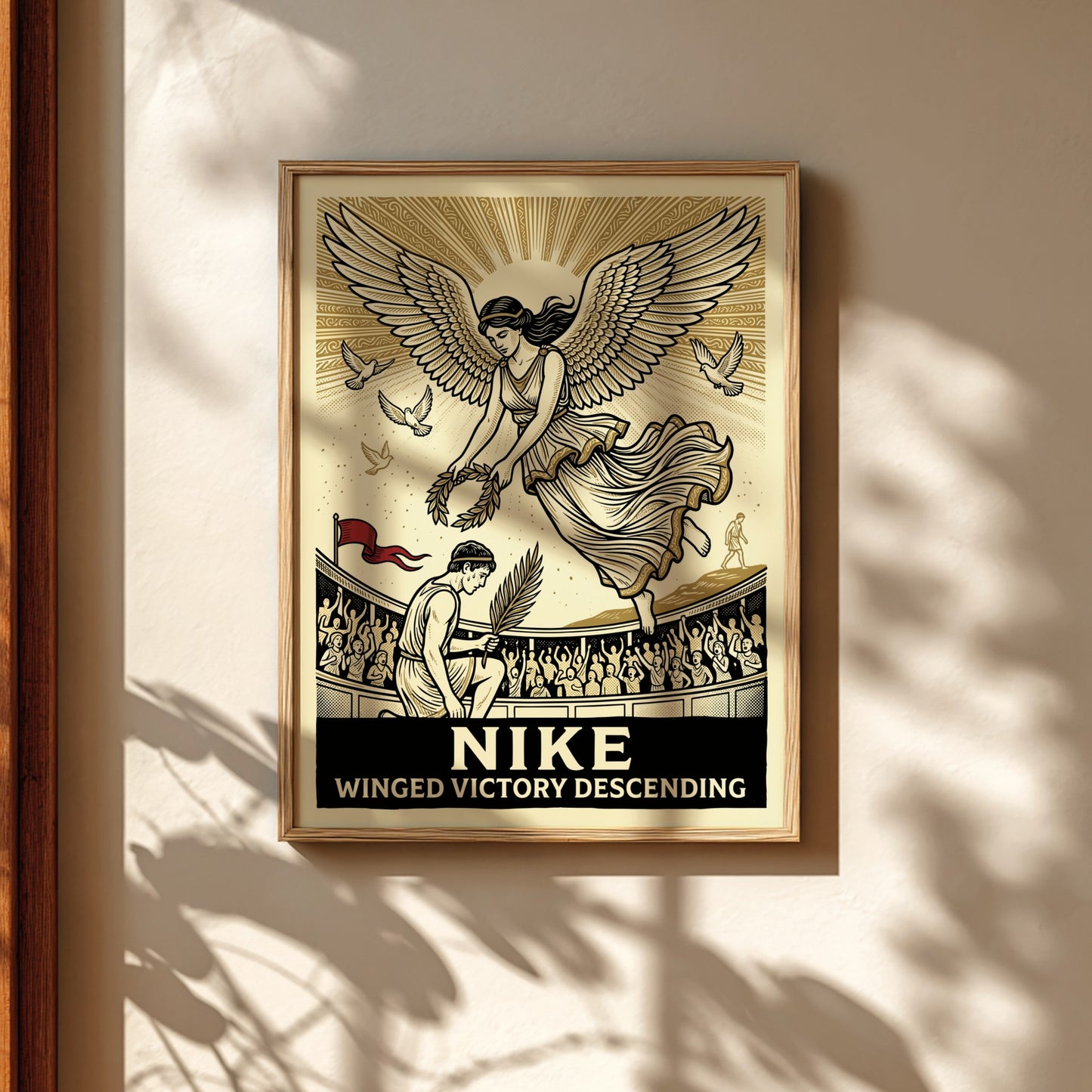 Winged Victory Descending poster featuring Nike, Greek goddess of victory, descending with a laurel wreath.