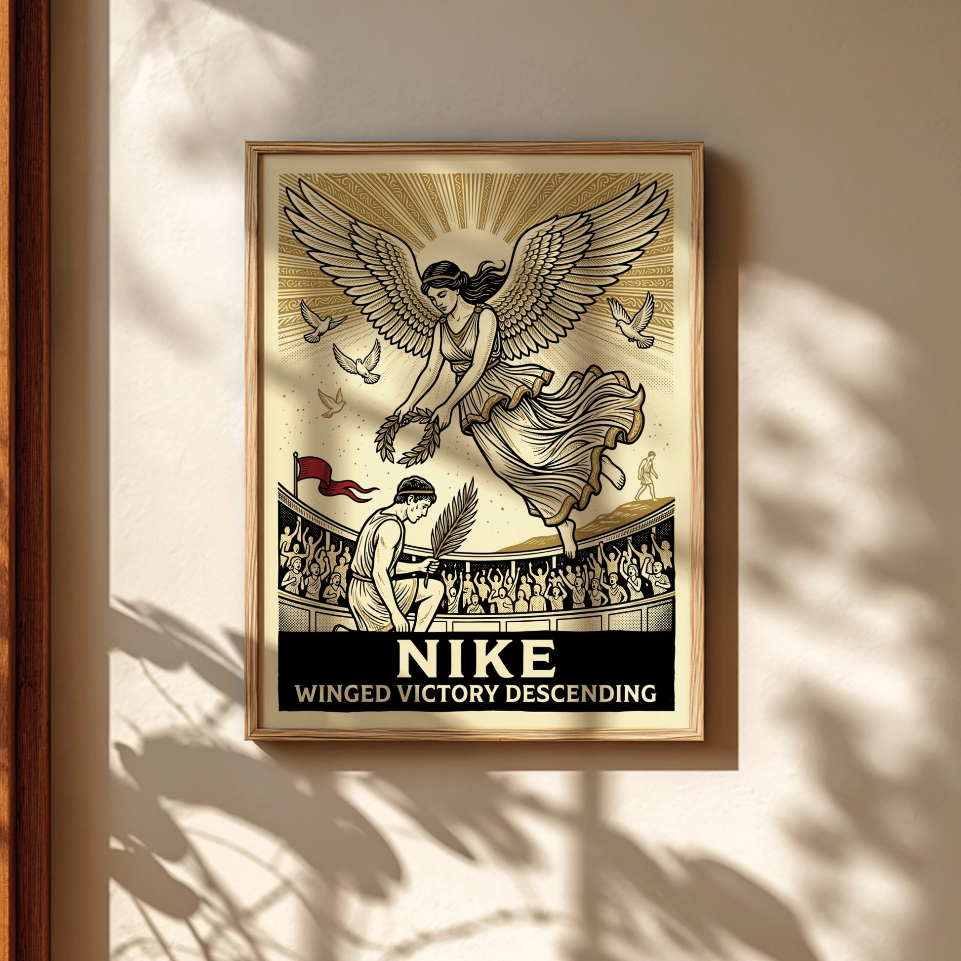 Winged Victory Descending poster featuring Nike, Greek goddess of victory, descending with a laurel wreath.