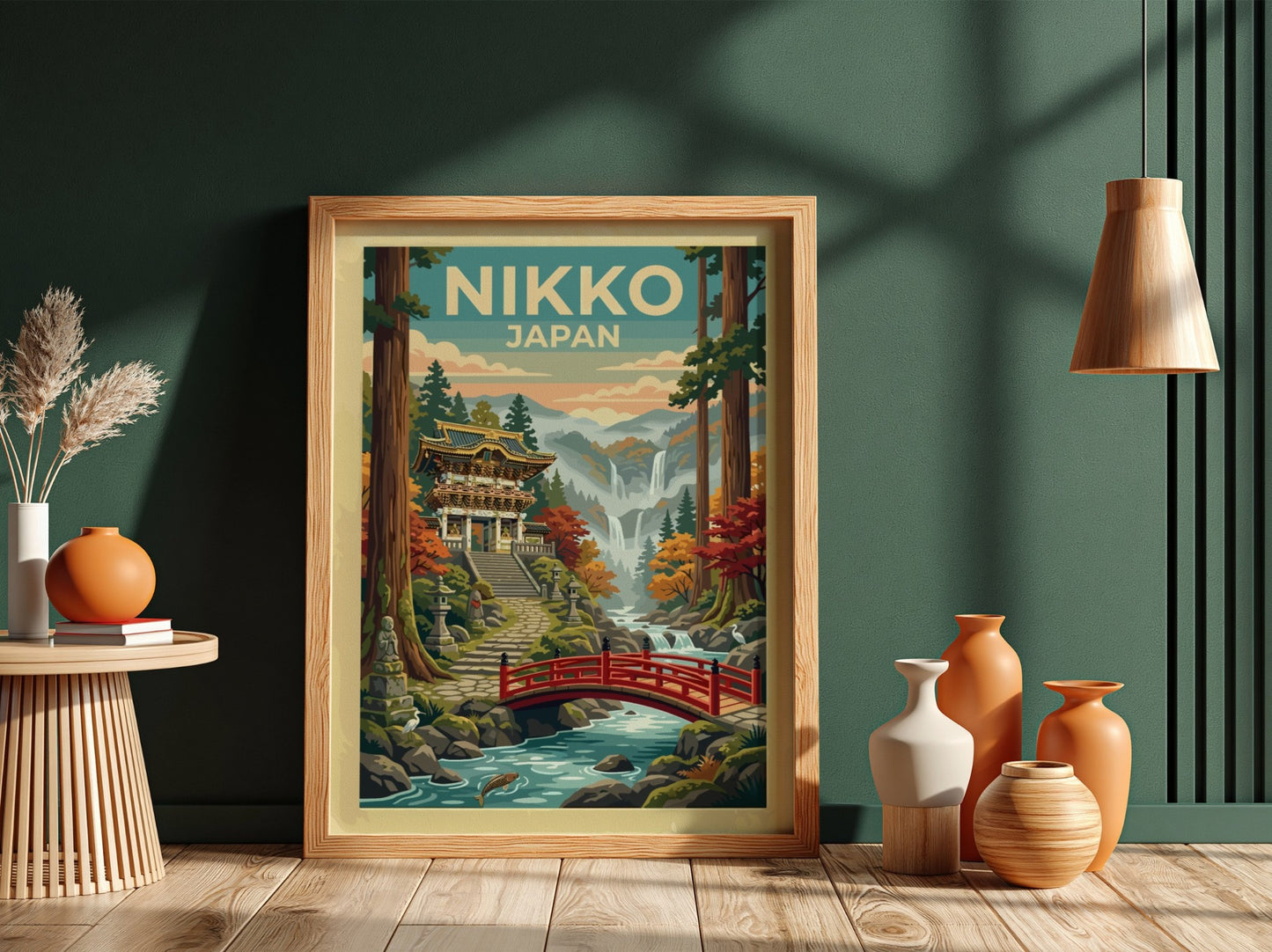 Nikko Japan travel poster featuring a traditional temple, red bridge, and misty mountains.
