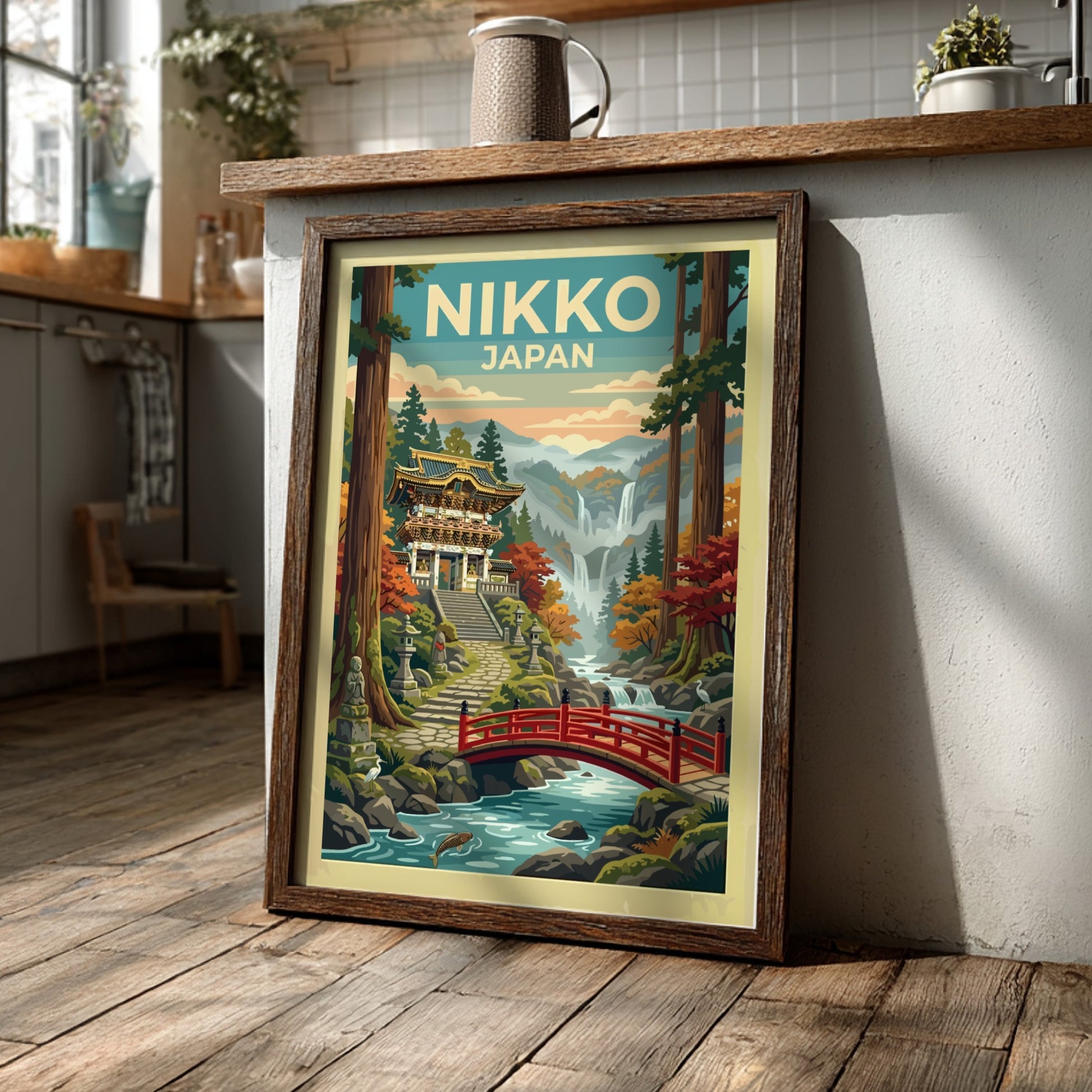 Nikko Japan travel poster featuring a traditional temple, red bridge, and misty mountains.