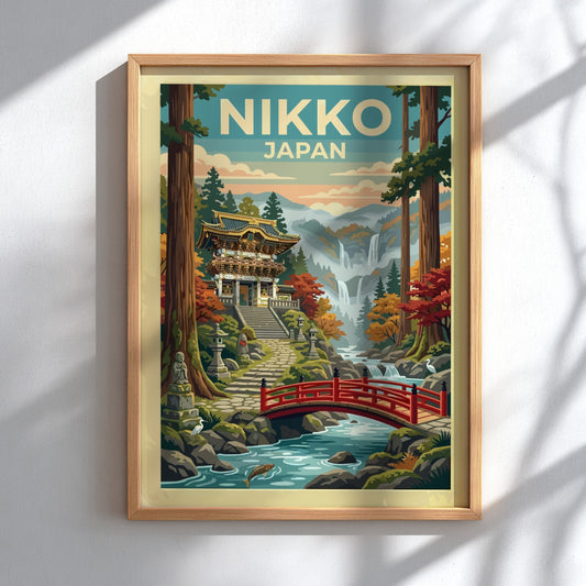 Nikko Japan travel poster featuring a traditional temple, red bridge, and misty mountains.