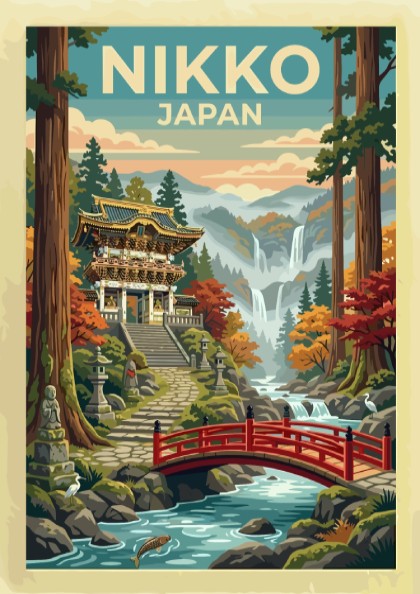 Nikko Japan travel poster featuring a traditional temple, red bridge, and misty mountains.