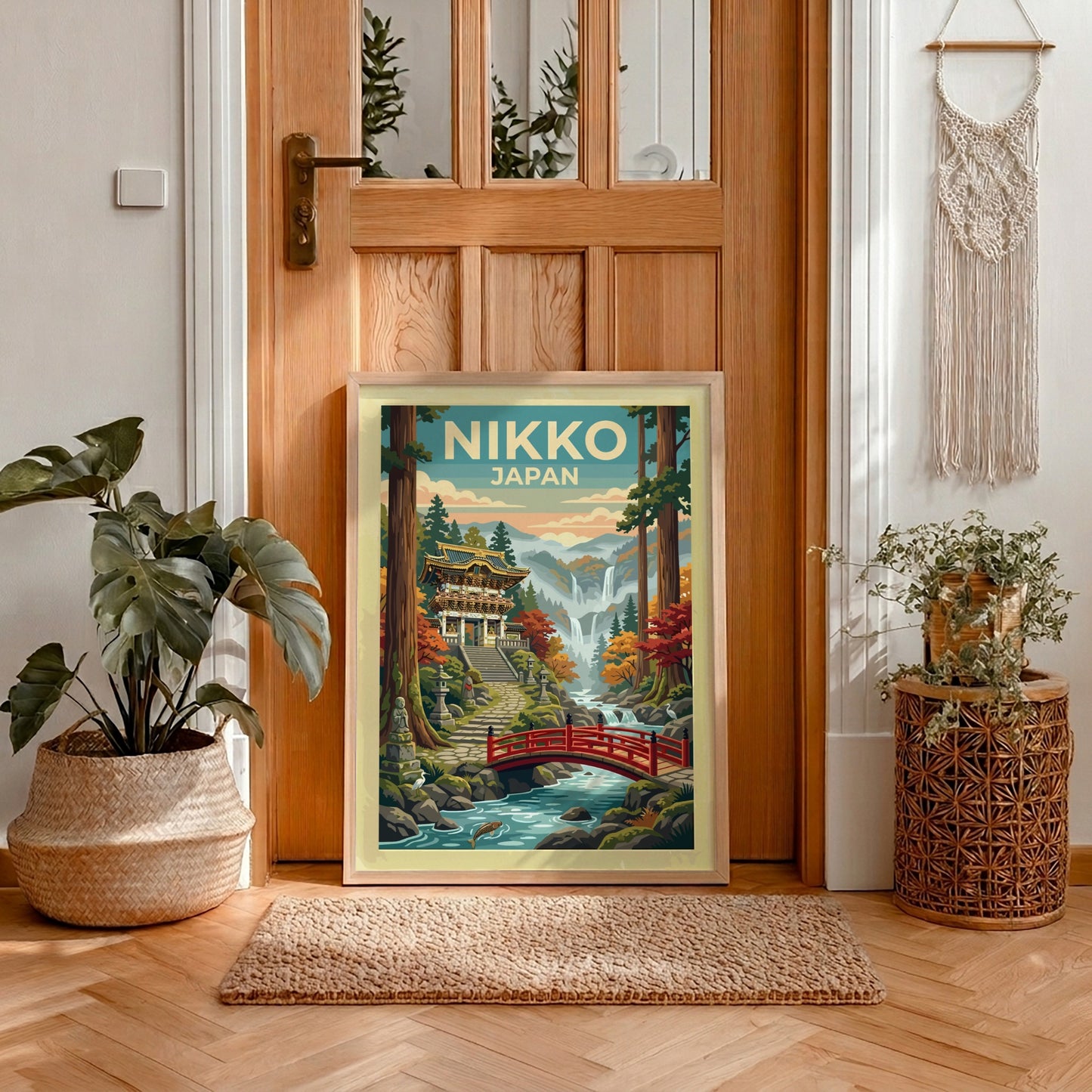 Nikko Japan travel poster featuring a traditional temple, red bridge, and misty mountains.