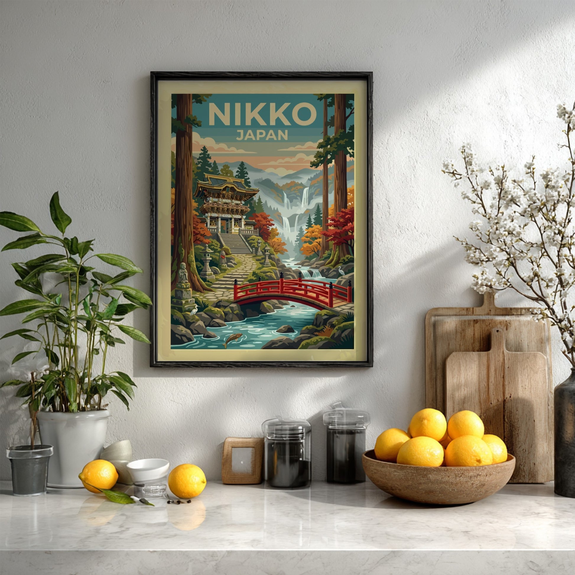 Nikko Japan travel poster featuring a traditional temple, red bridge, and misty mountains.