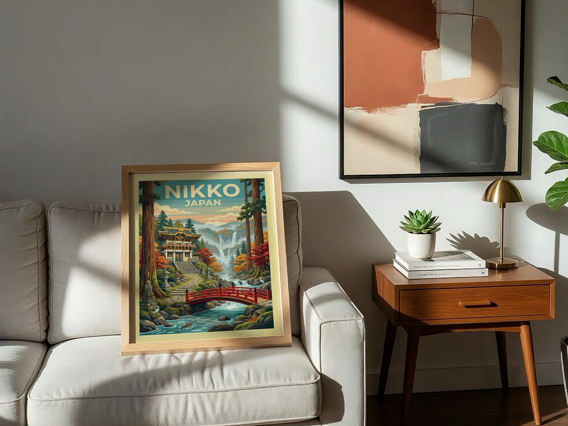 Nikko Japan travel poster featuring a traditional temple, red bridge, and misty mountains.