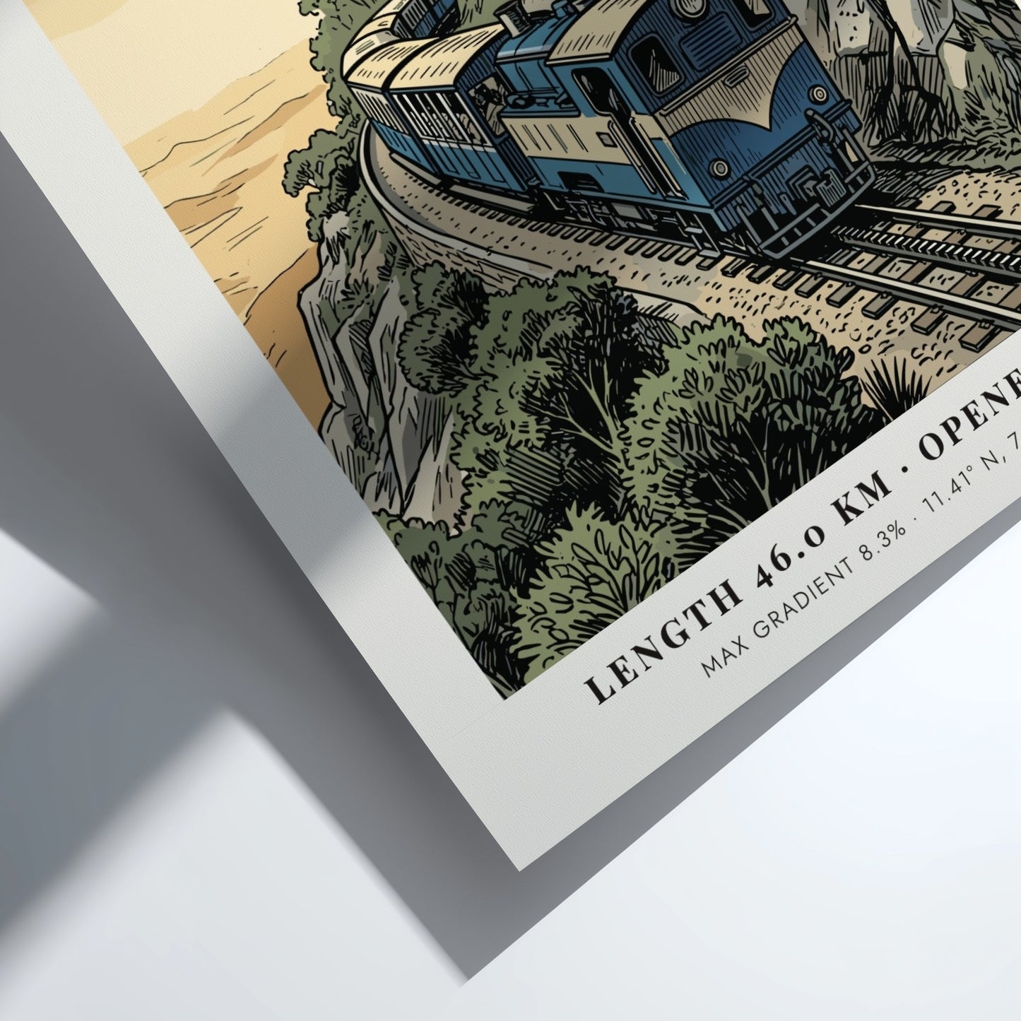 Vintage travel poster of the Nilgiris mountain railway train winding through green forests.