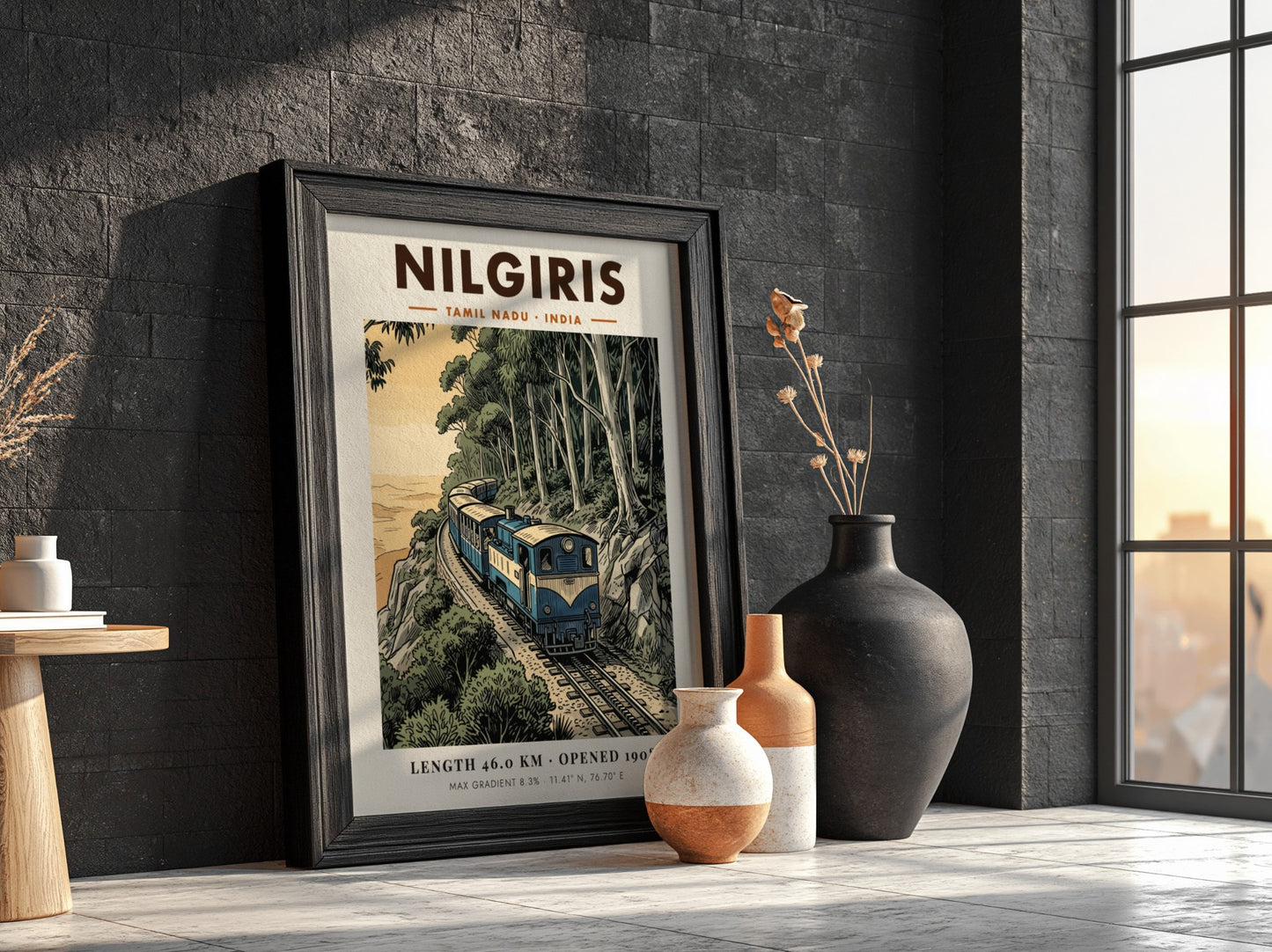 Vintage travel poster of the Nilgiris mountain railway train winding through green forests.