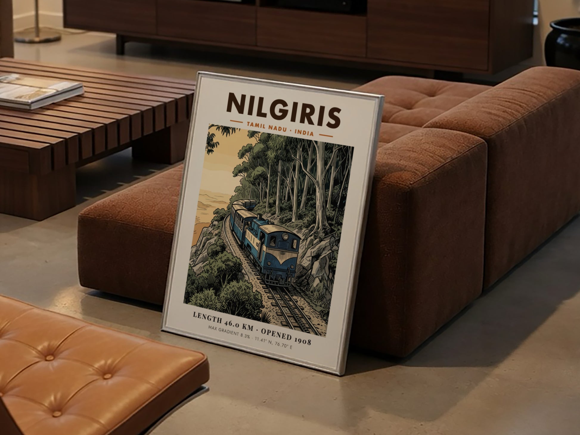 Vintage travel poster of the Nilgiris mountain railway train winding through green forests.