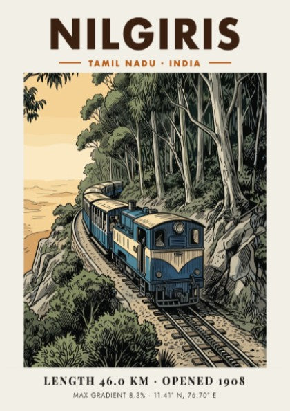 Vintage travel poster of the Nilgiris mountain railway train winding through green forests.