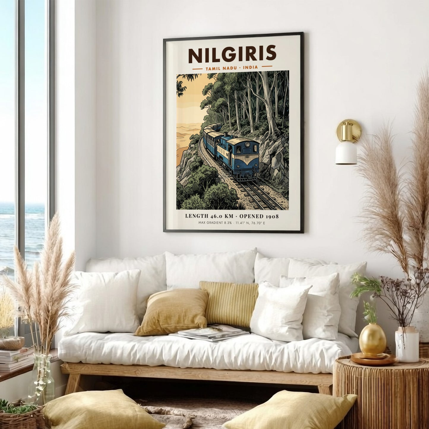 Vintage travel poster of the Nilgiris mountain railway train winding through green forests.