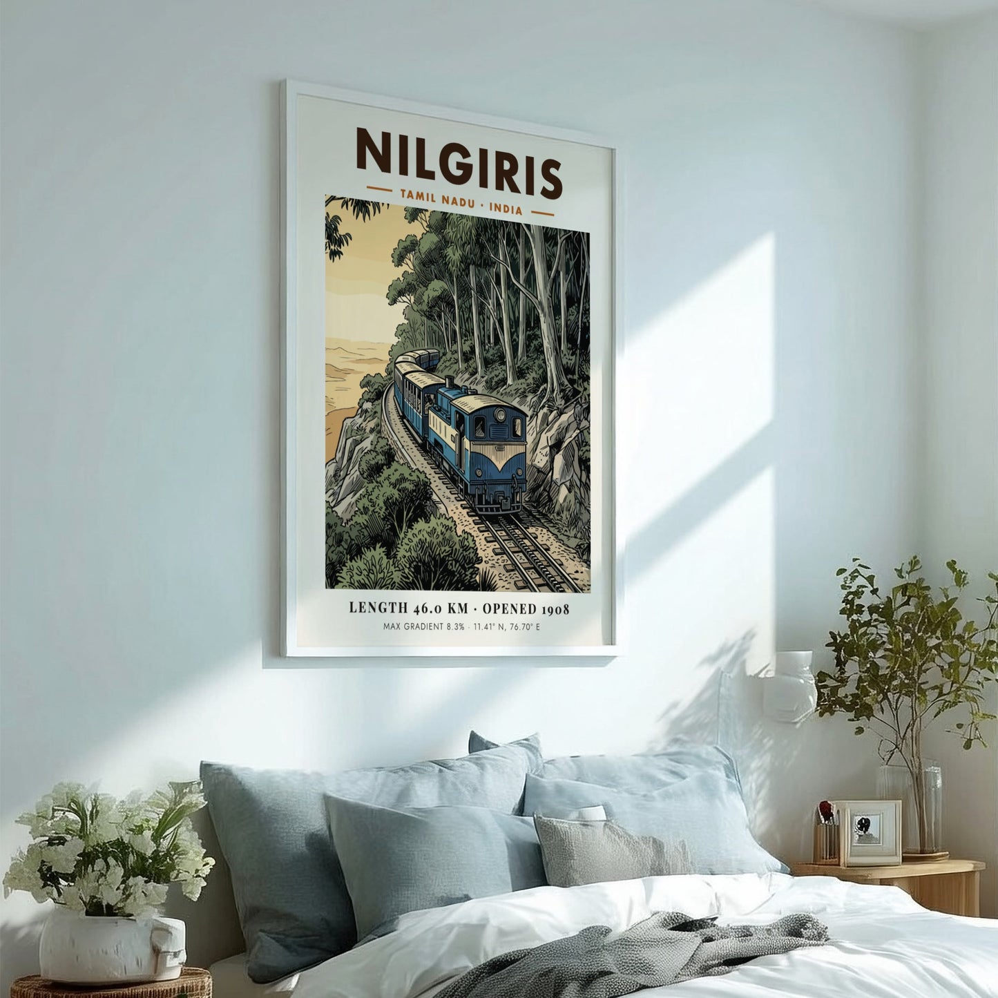 Vintage travel poster of the Nilgiris mountain railway train winding through green forests.