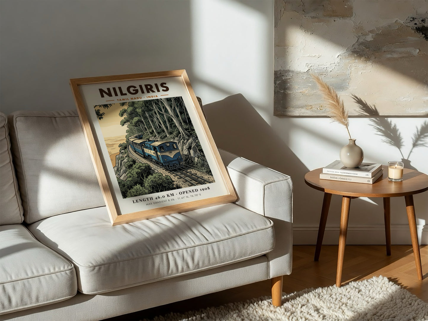Vintage travel poster of the Nilgiris mountain railway train winding through green forests.