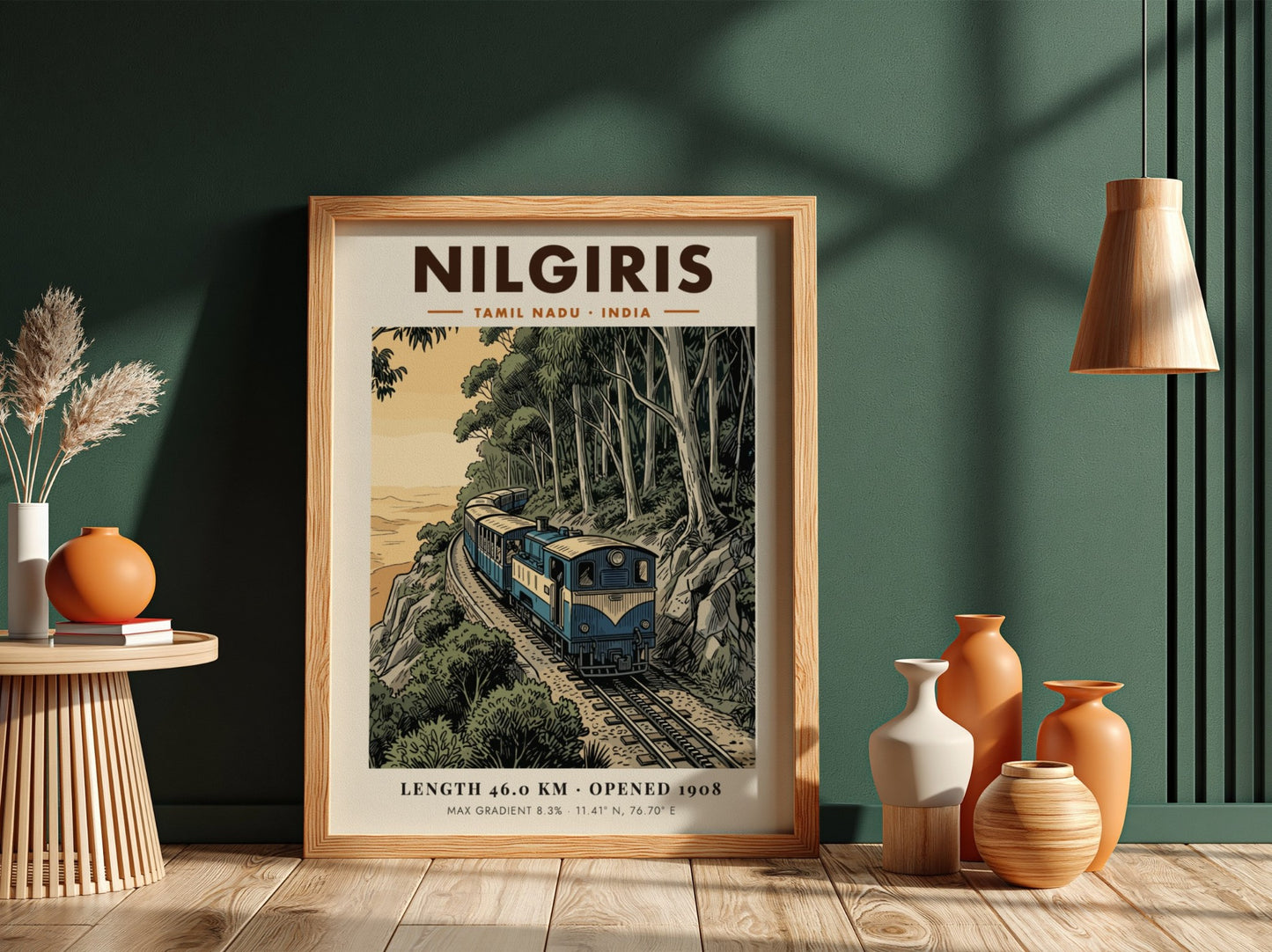 Vintage travel poster of the Nilgiris mountain railway train winding through green forests.