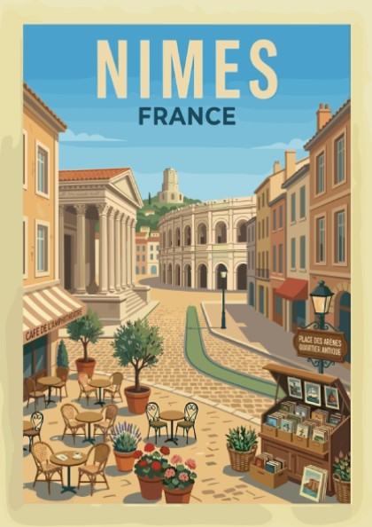 Vintage travel poster of Nimes, France, showing Roman amphitheater and street cafe scene.