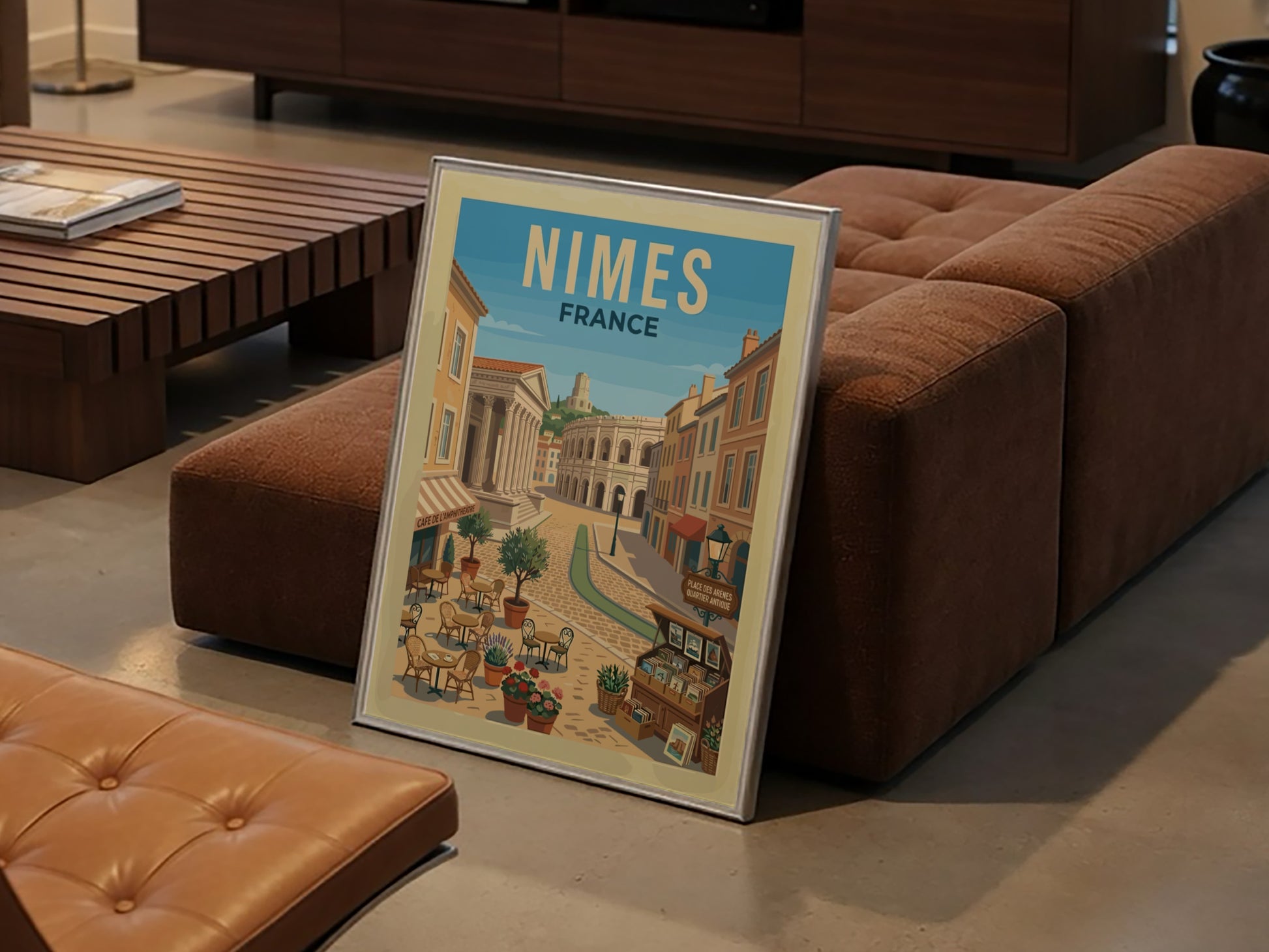 Vintage travel poster of Nimes, France, showing Roman amphitheater and street cafe scene.