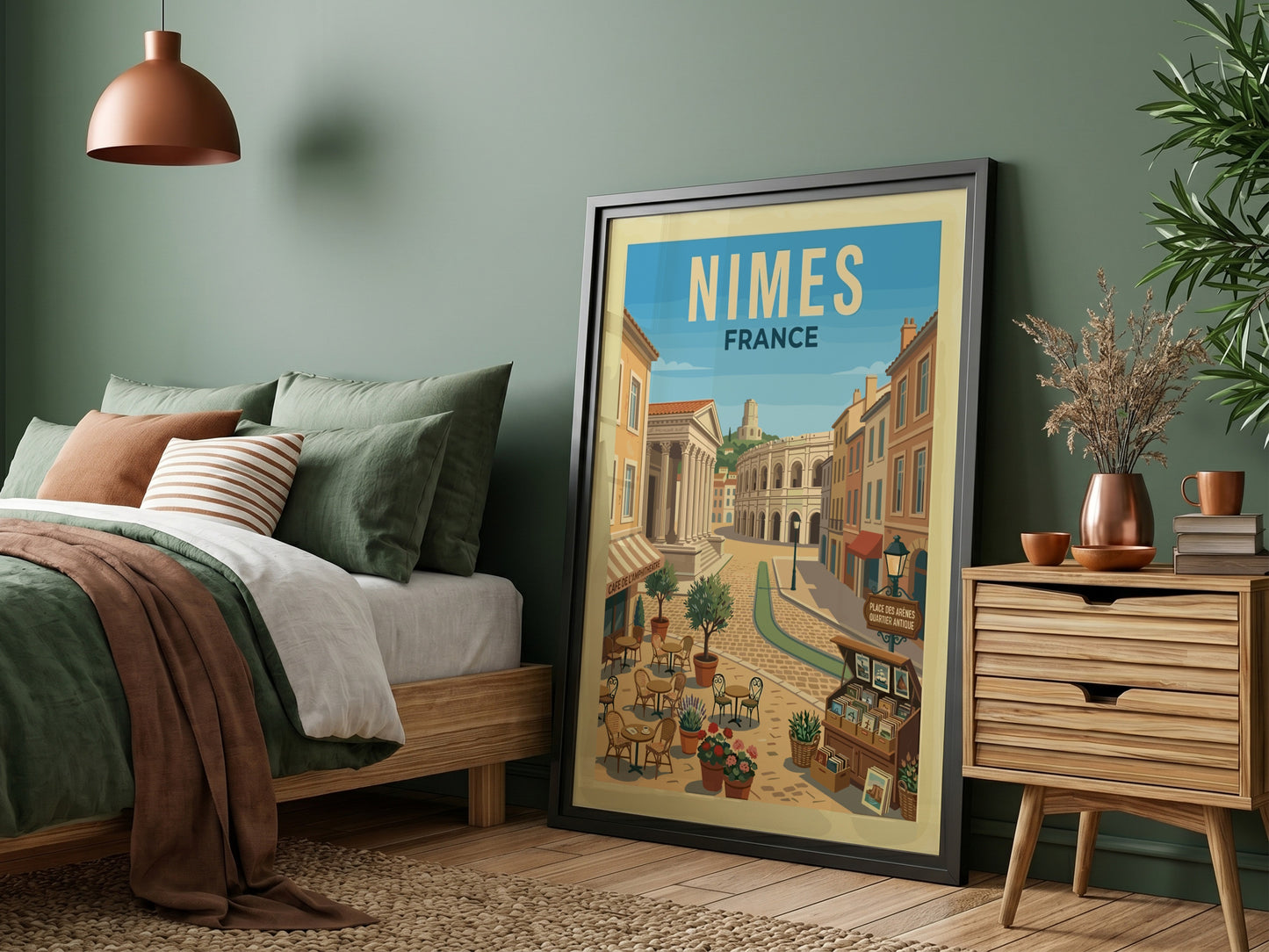Vintage travel poster of Nimes, France, showing Roman amphitheater and street cafe scene.