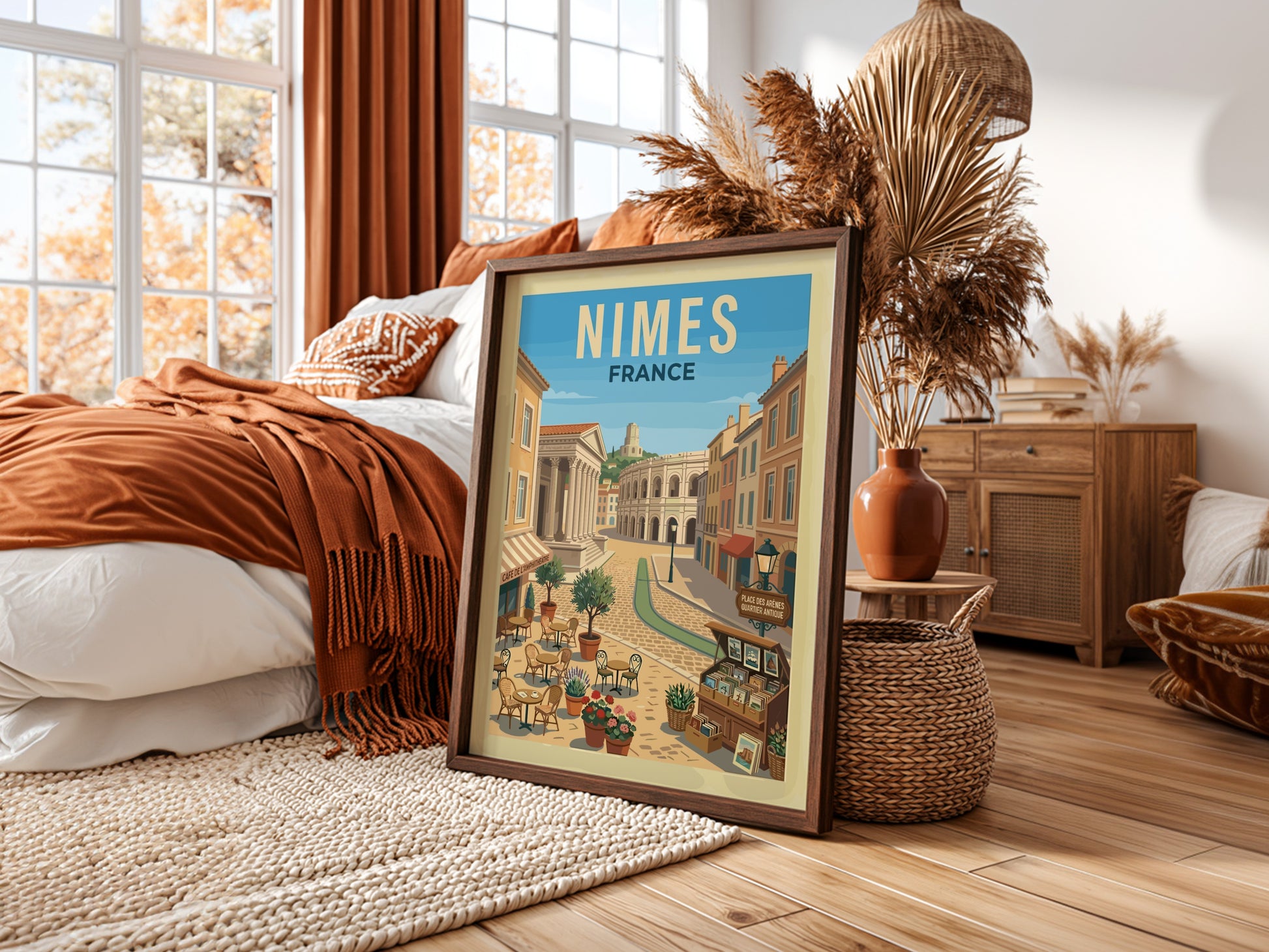 Vintage travel poster of Nimes, France, showing Roman amphitheater and street cafe scene.