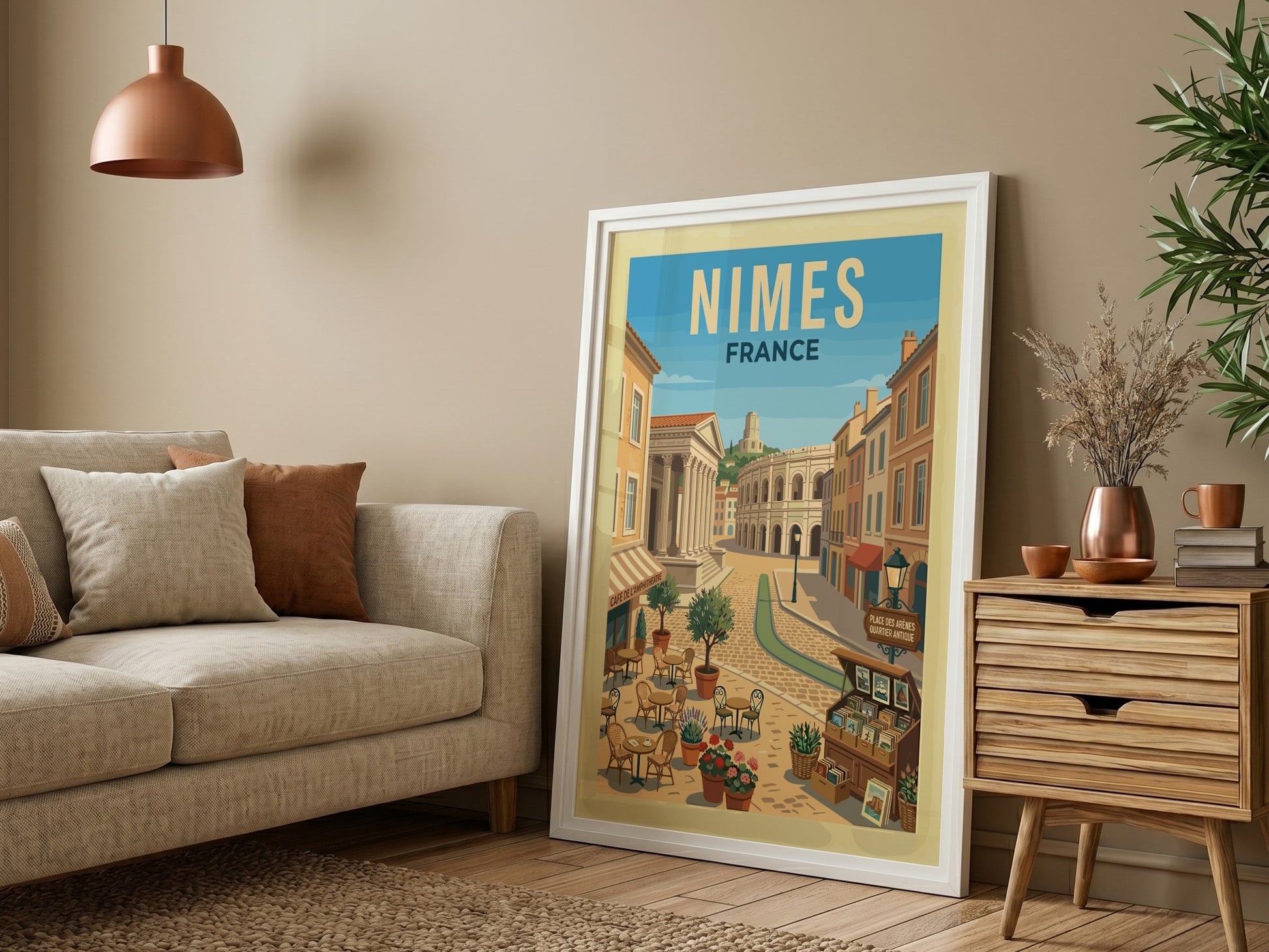 Vintage travel poster of Nimes, France, showing Roman amphitheater and street cafe scene.